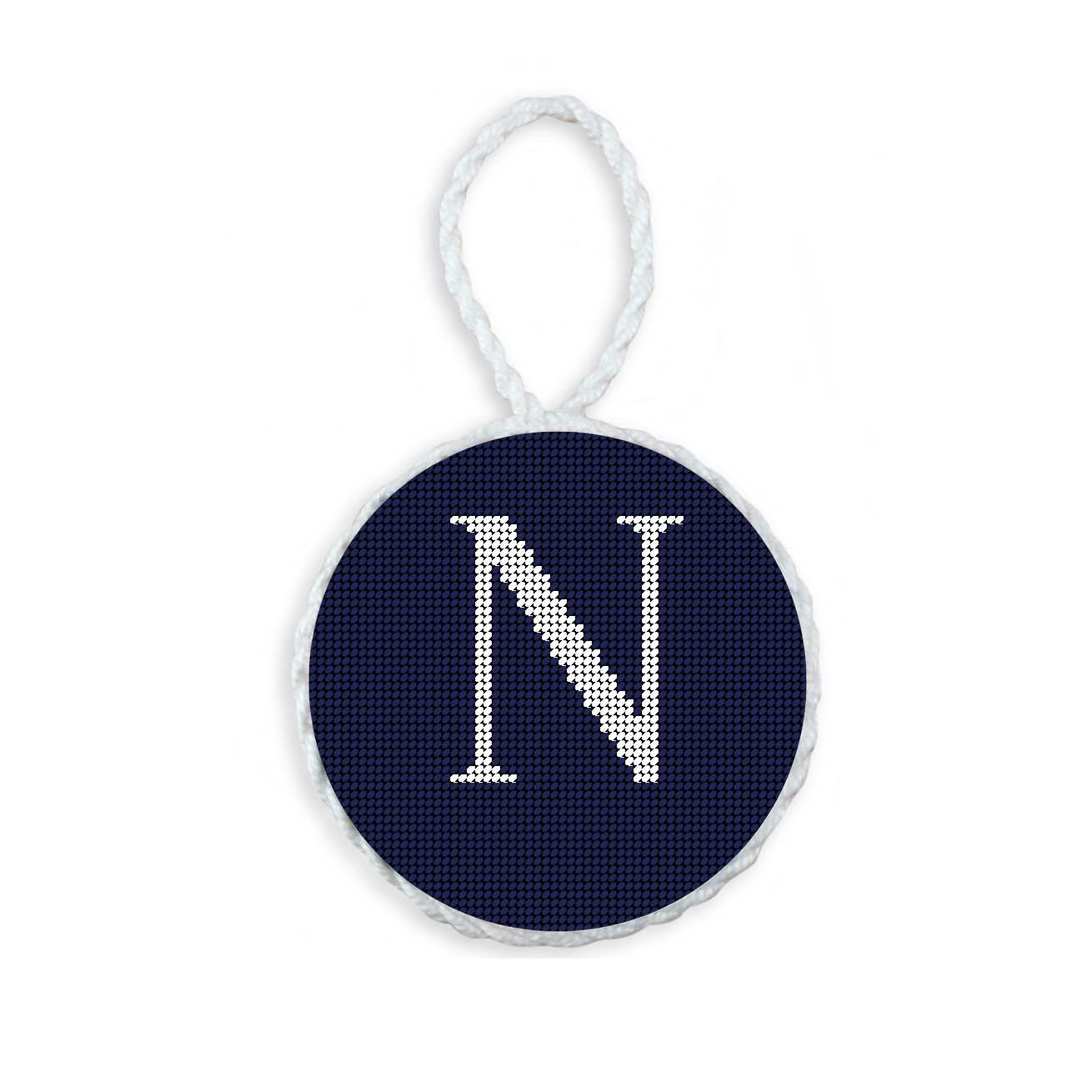 Dark Navy needlepoint ornament featuring a white large embroidered letter above a custom date, framed with decorative stitching and finished with a festive hanging loop.