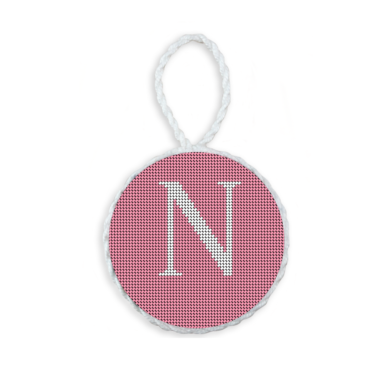 Pink needlepoint ornament featuring a white large embroidered letter above a custom date, framed with decorative stitching and finished with a festive hanging loop.