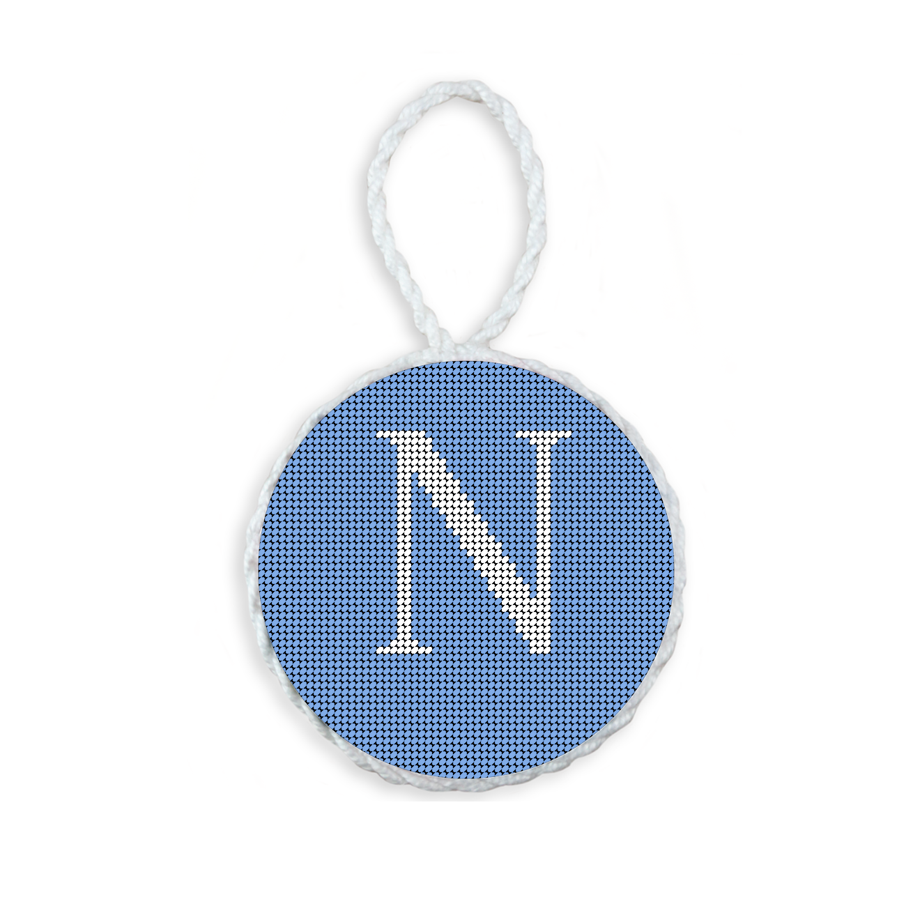 Baby Blue needlepoint ornament featuring a white large embroidered letter above a custom date, framed with decorative stitching and finished with a festive hanging loop.