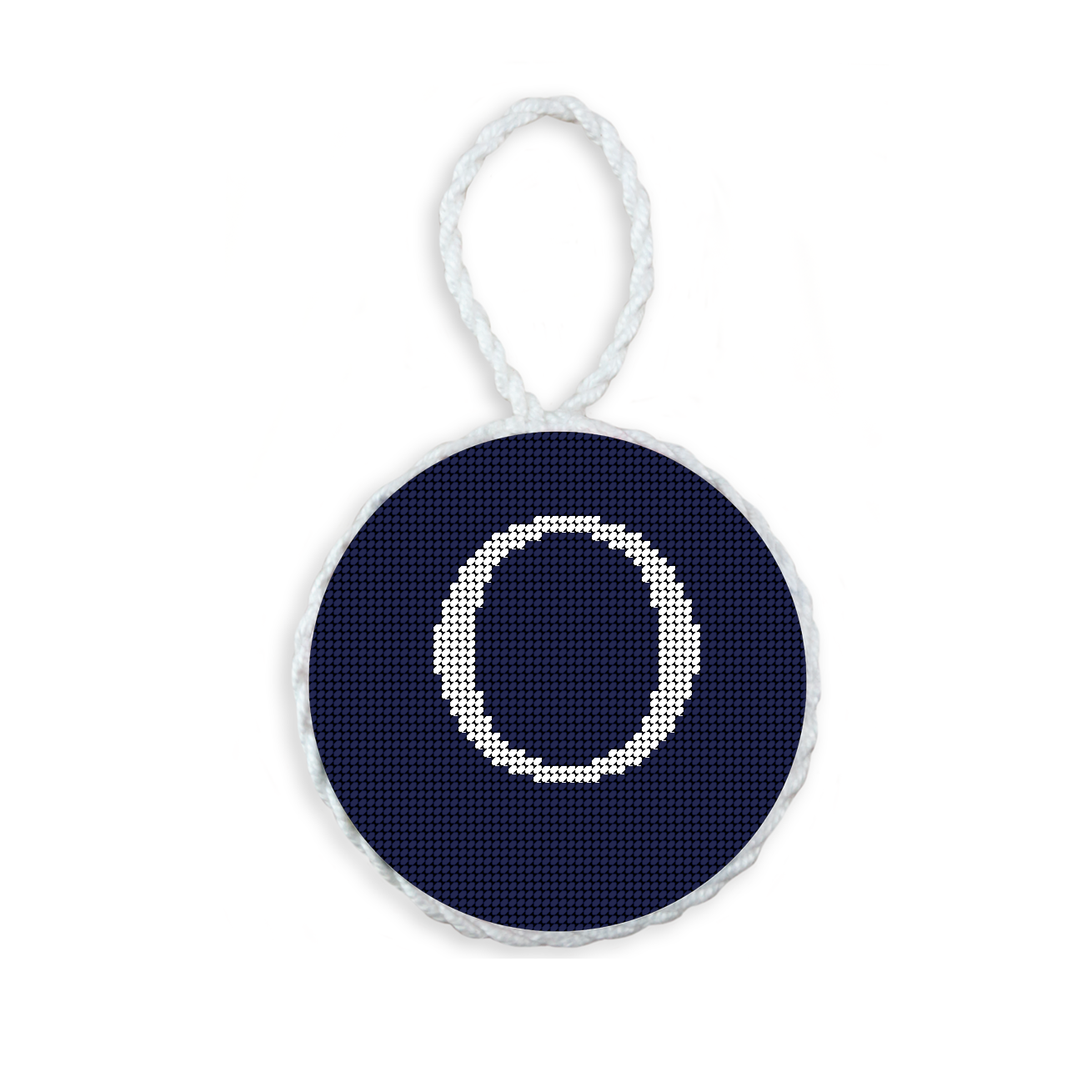 Dark Navy needlepoint ornament featuring a white large embroidered letter above a custom date, framed with decorative stitching and finished with a festive hanging loop.