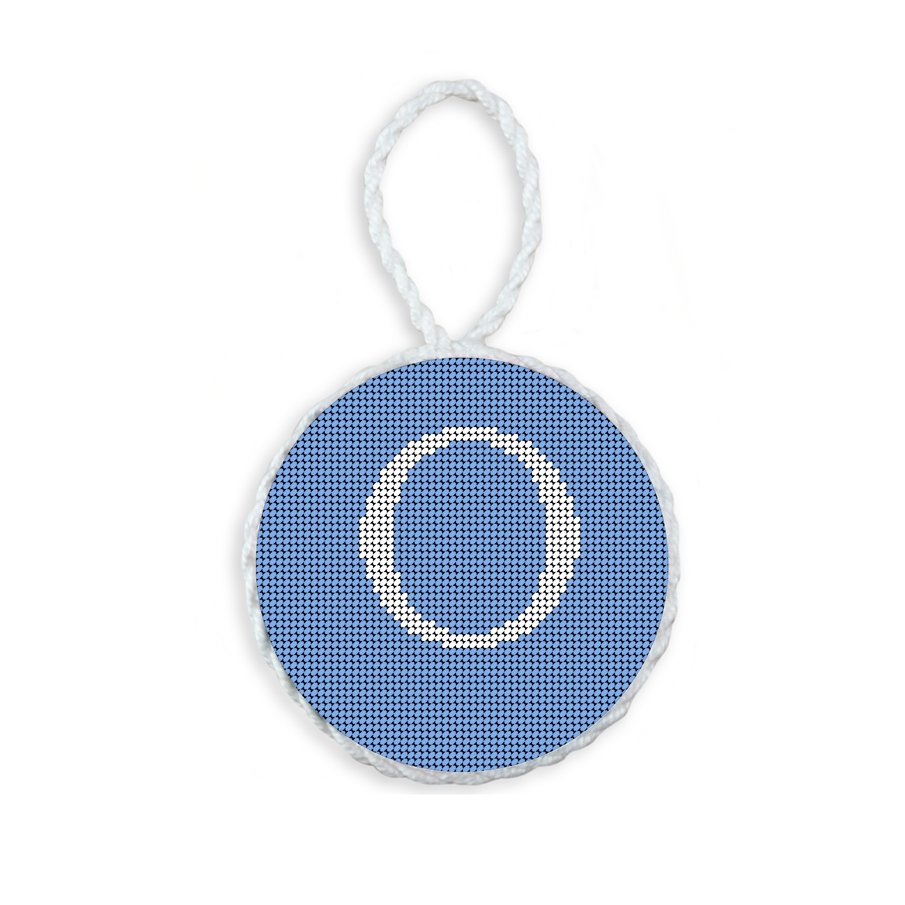 Baby Blue needlepoint ornament featuring a white large embroidered letter above a custom date, framed with decorative stitching and finished with a festive hanging loop.