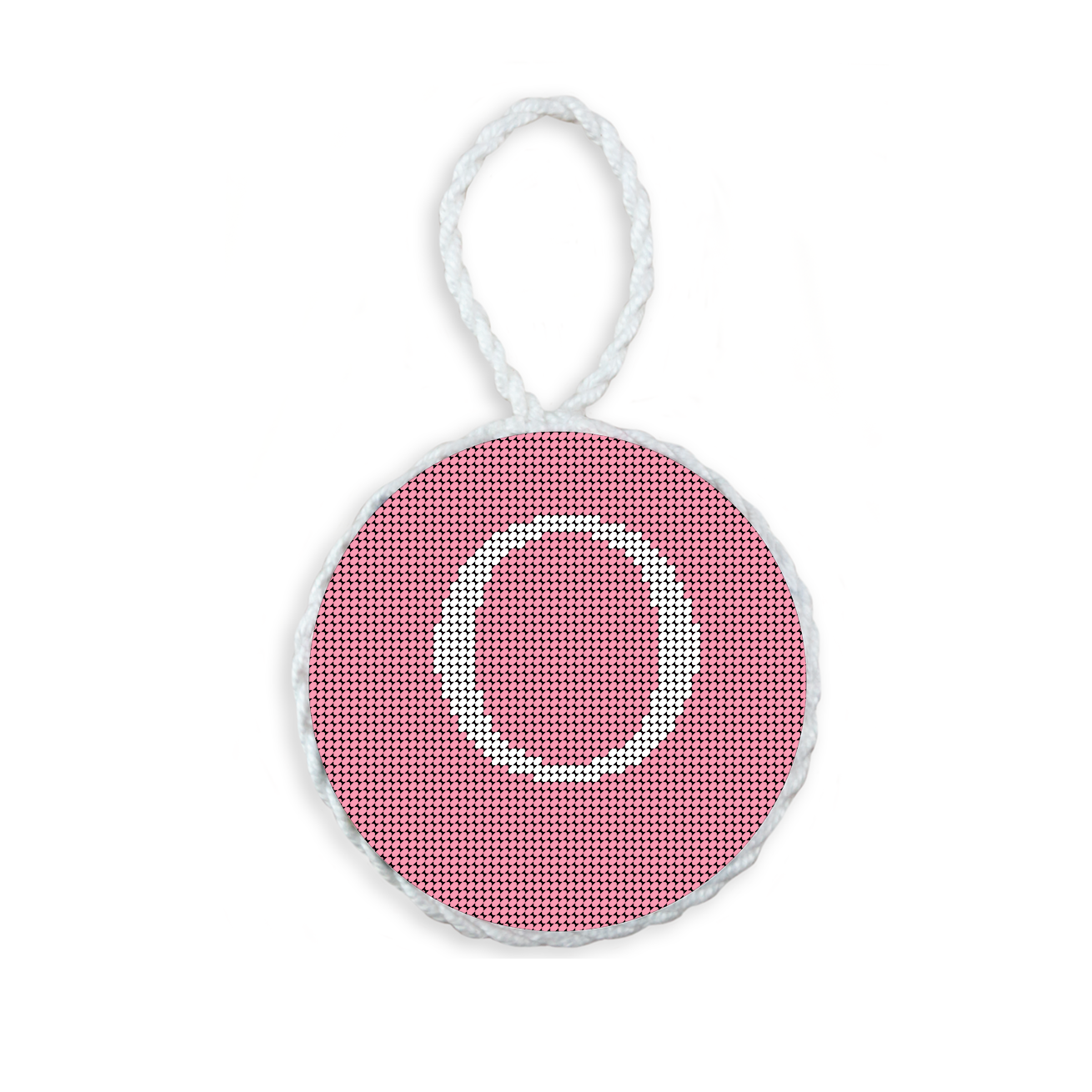 Pink needlepoint ornament featuring a white large embroidered letter above a custom date, framed with decorative stitching and finished with a festive hanging loop.