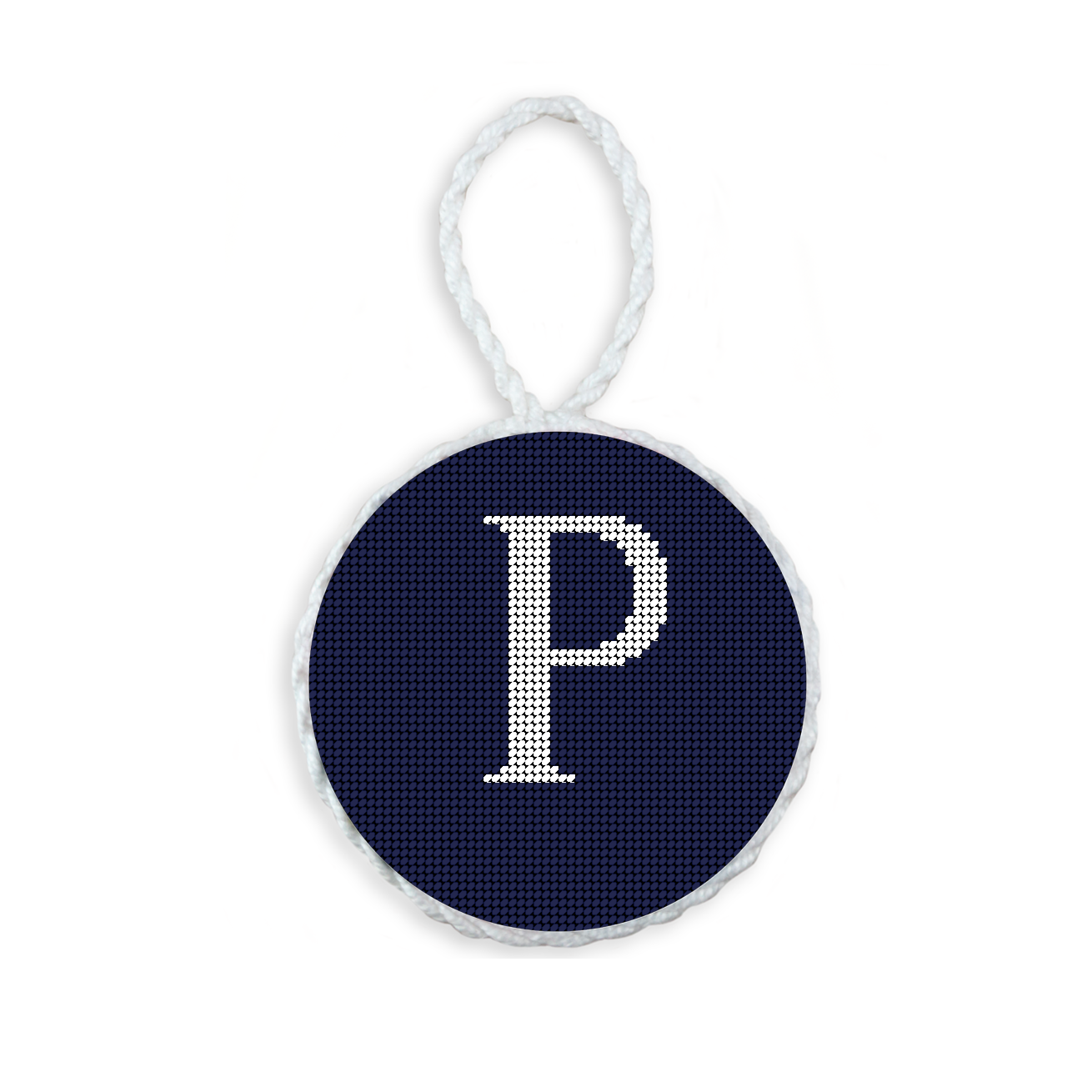 Dark Navy needlepoint ornament featuring a white large embroidered letter above a custom date, framed with decorative stitching and finished with a festive hanging loop.