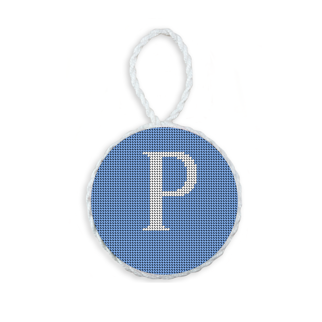 Baby Blue needlepoint ornament featuring a white large embroidered letter above a custom date, framed with decorative stitching and finished with a festive hanging loop.