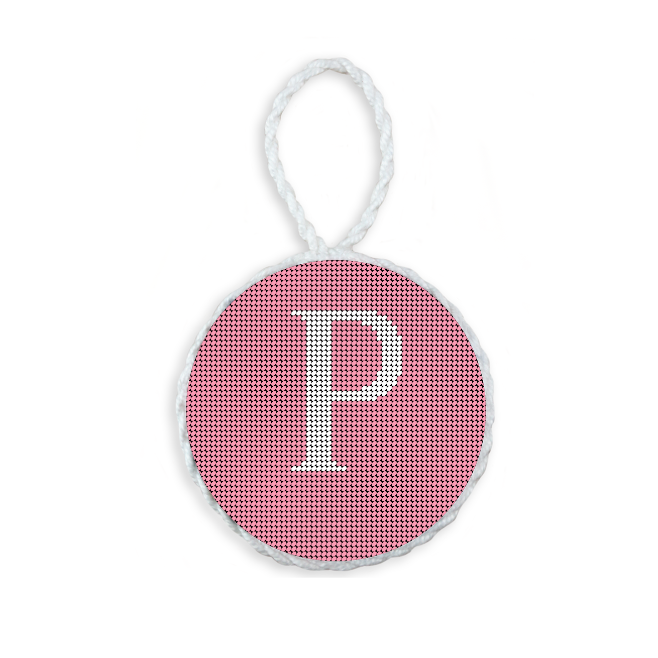 Pink needlepoint ornament featuring a white large embroidered letter above a custom date, framed with decorative stitching and finished with a festive hanging loop.