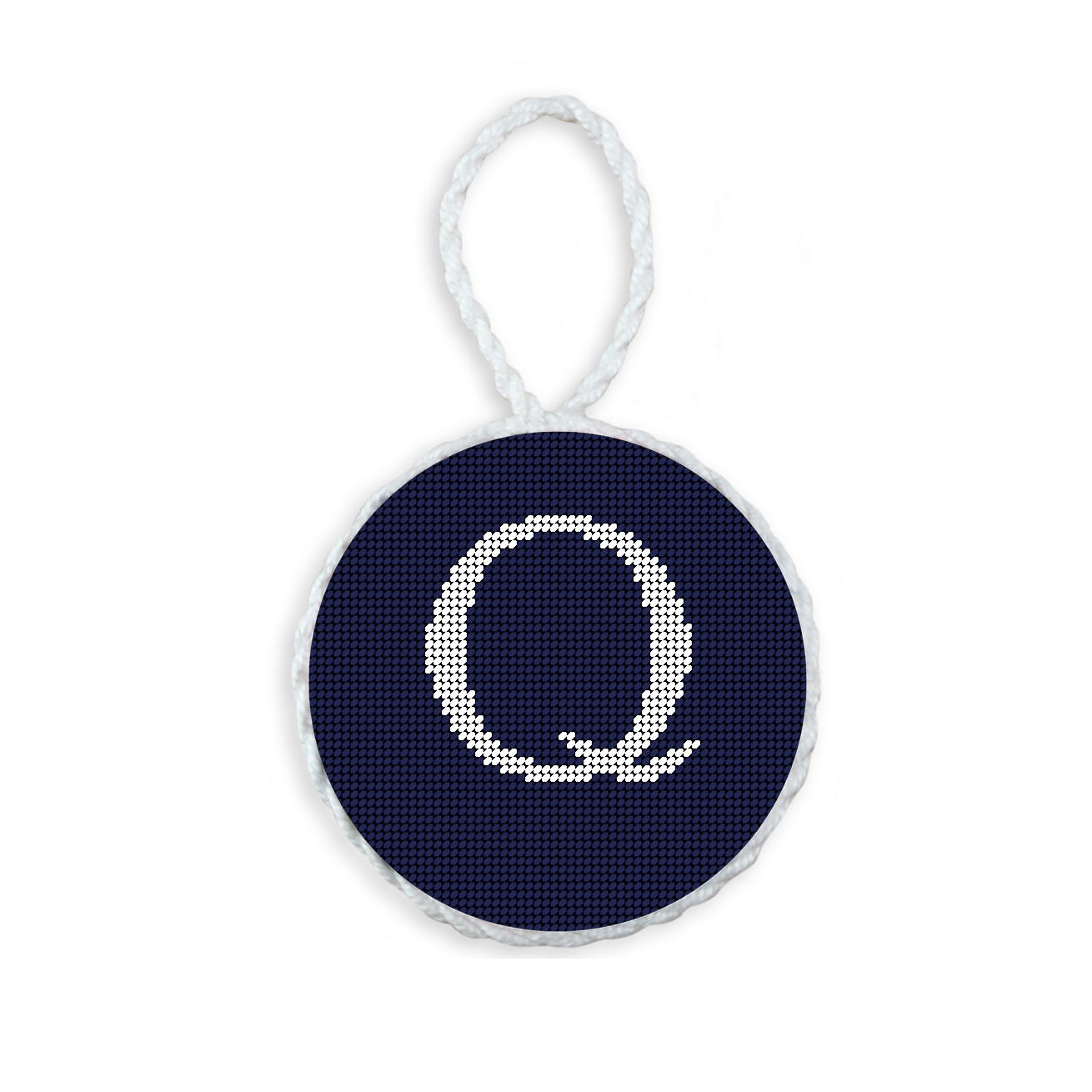 Dark Navy needlepoint ornament featuring a white large embroidered letter above a custom date, framed with decorative stitching and finished with a festive hanging loop.