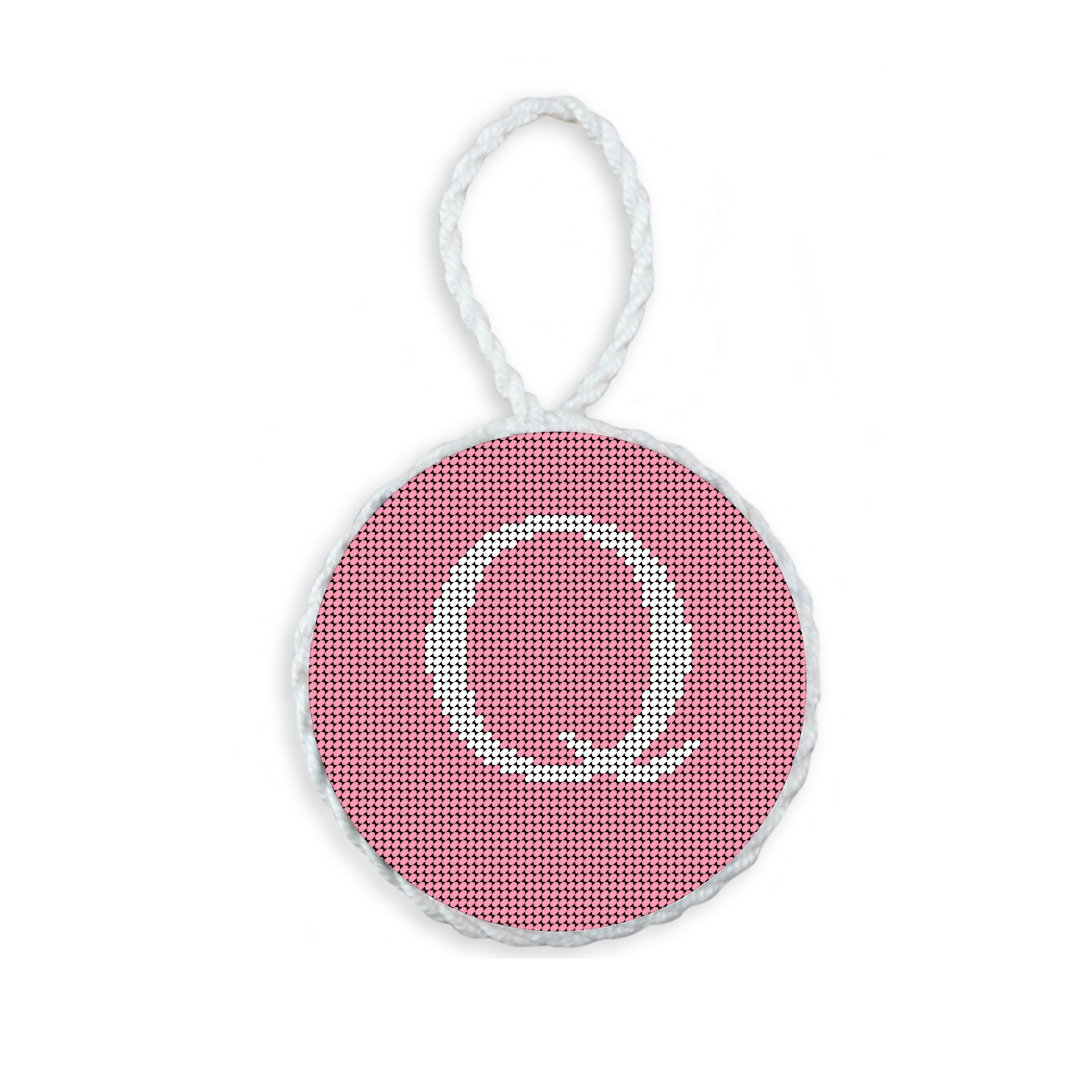 Pink needlepoint ornament featuring a white large embroidered letter above a custom date, framed with decorative stitching and finished with a festive hanging loop.