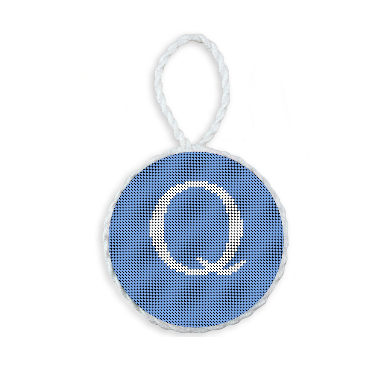 Baby Blue needlepoint ornament featuring a white large embroidered letter above a custom date, framed with decorative stitching and finished with a festive hanging loop.