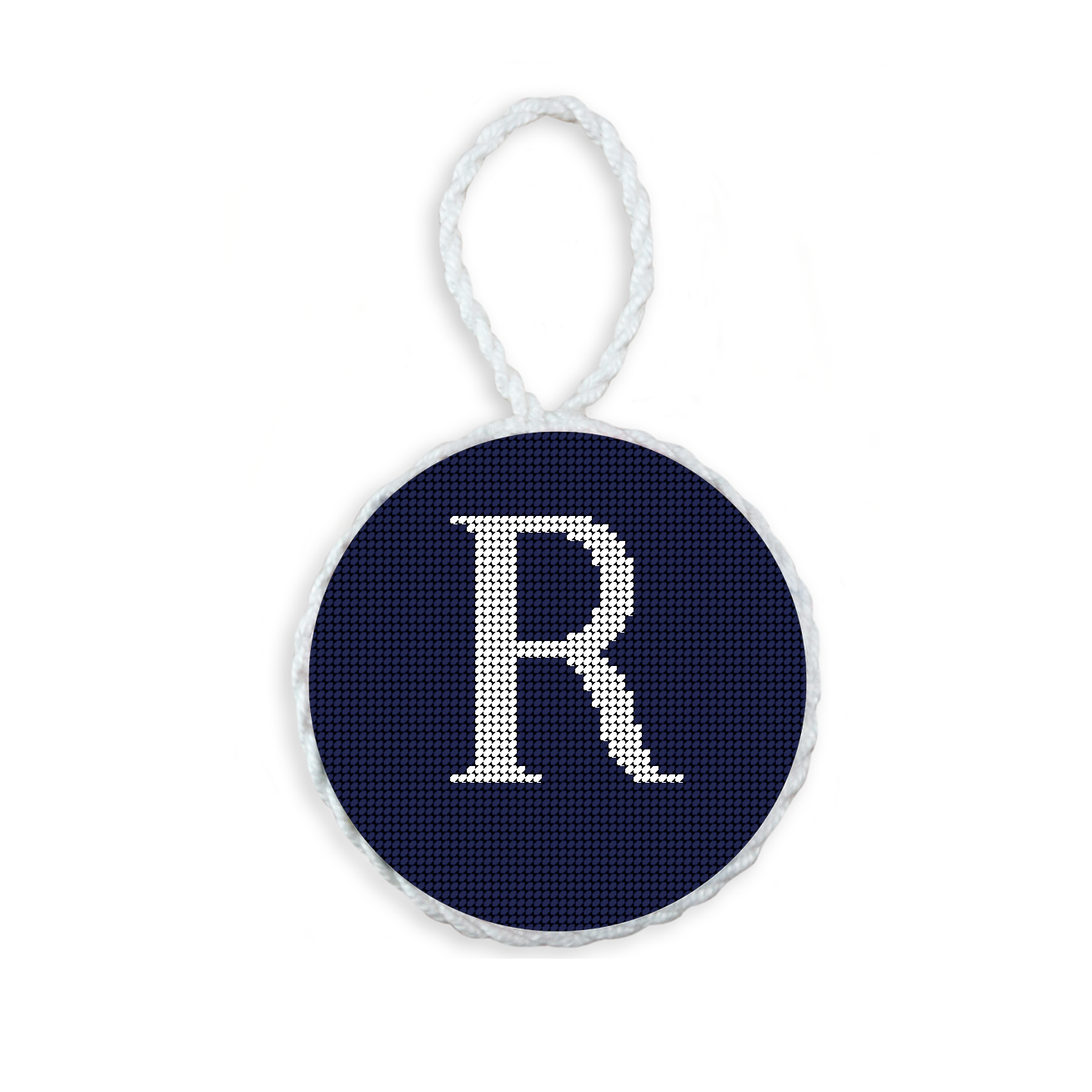 Dark Navy needlepoint ornament featuring a white large embroidered letter above a custom date, framed with decorative stitching and finished with a festive hanging loop.