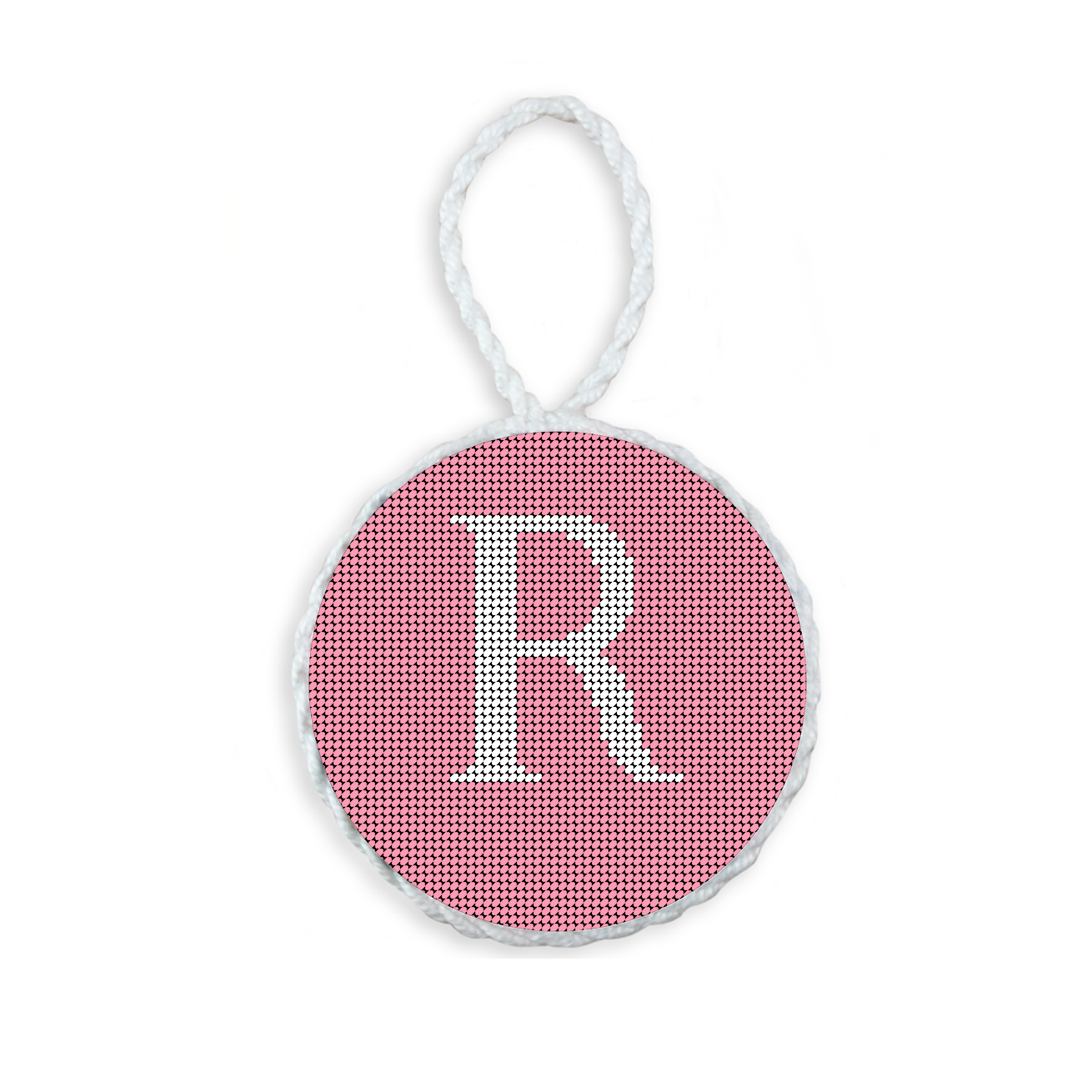 Pink needlepoint ornament featuring a white large embroidered letter above a custom date, framed with decorative stitching and finished with a festive hanging loop.