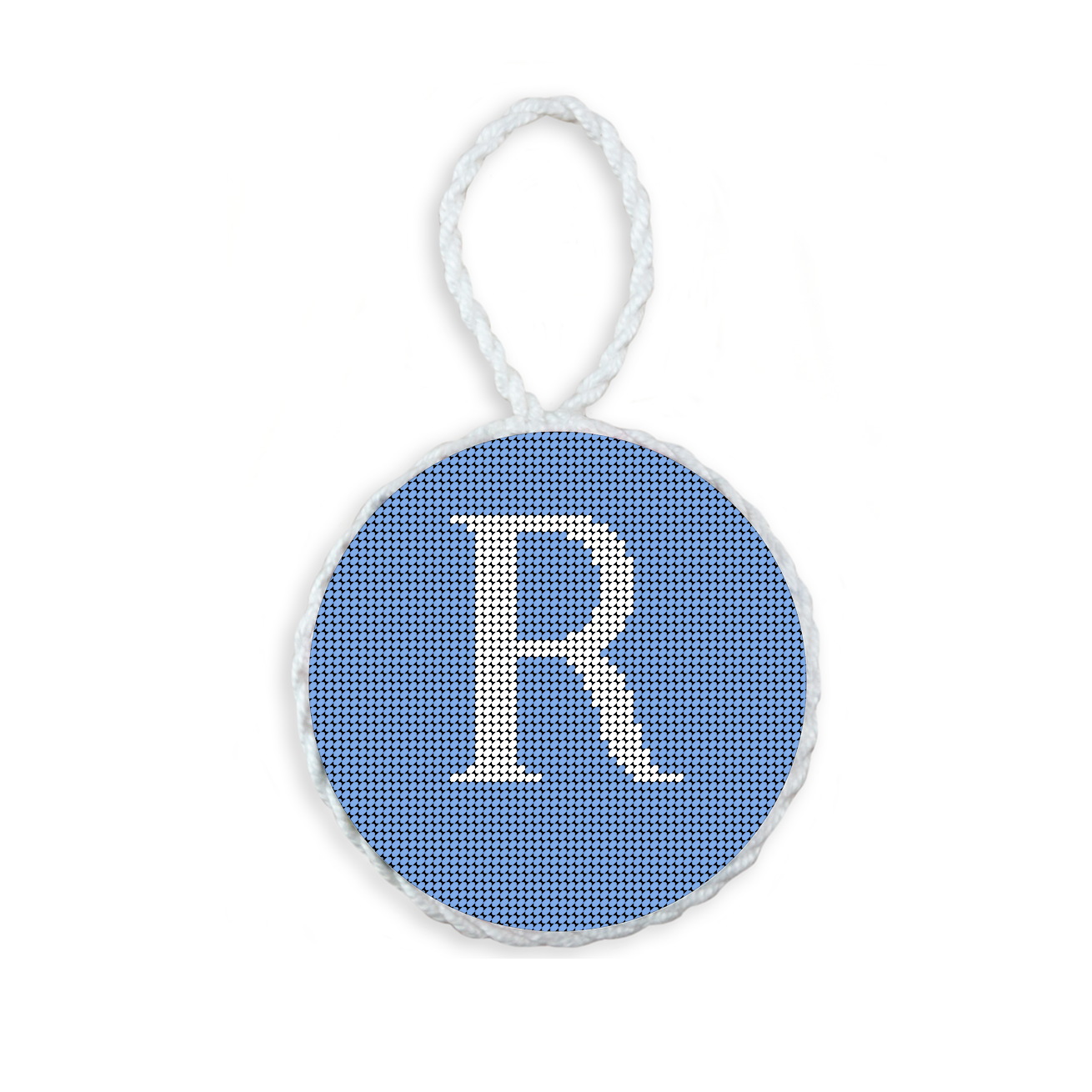 Baby Blue needlepoint ornament featuring a white large embroidered letter above a custom date, framed with decorative stitching and finished with a festive hanging loop.