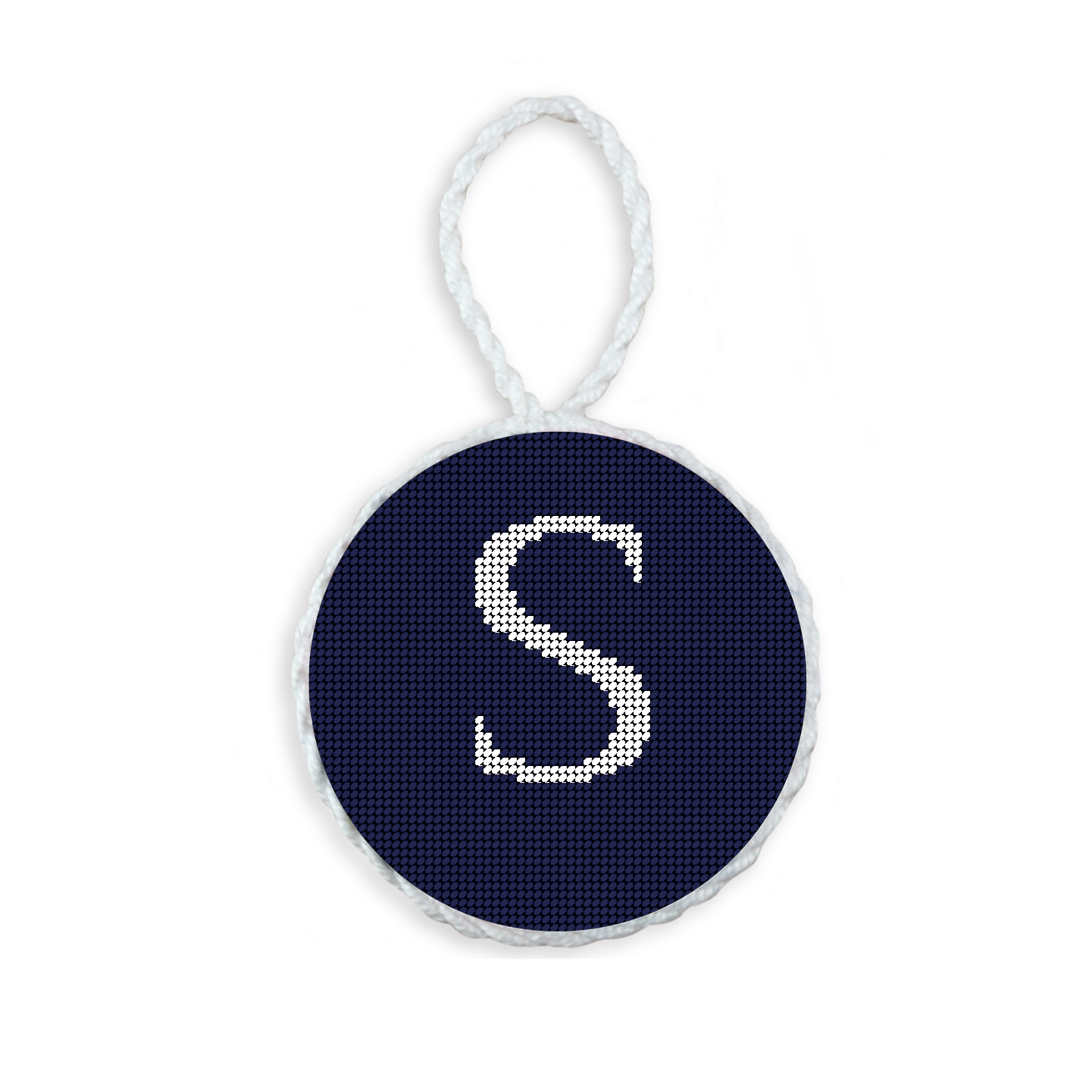 Dark Navy needlepoint ornament featuring a white large embroidered letter above a custom date, framed with decorative stitching and finished with a festive hanging loop.