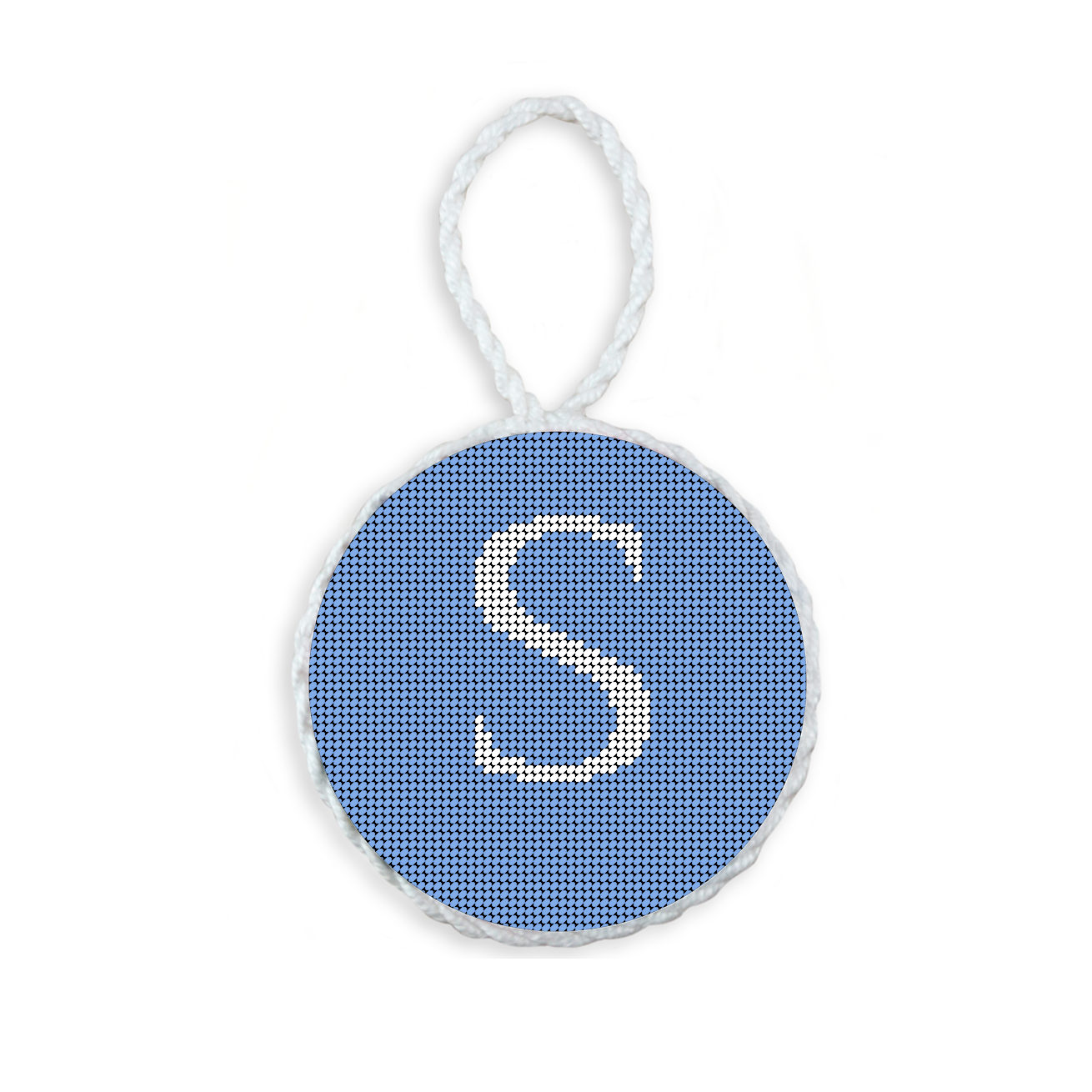 Baby Blue needlepoint ornament featuring a white large embroidered letter above a custom date, framed with decorative stitching and finished with a festive hanging loop.