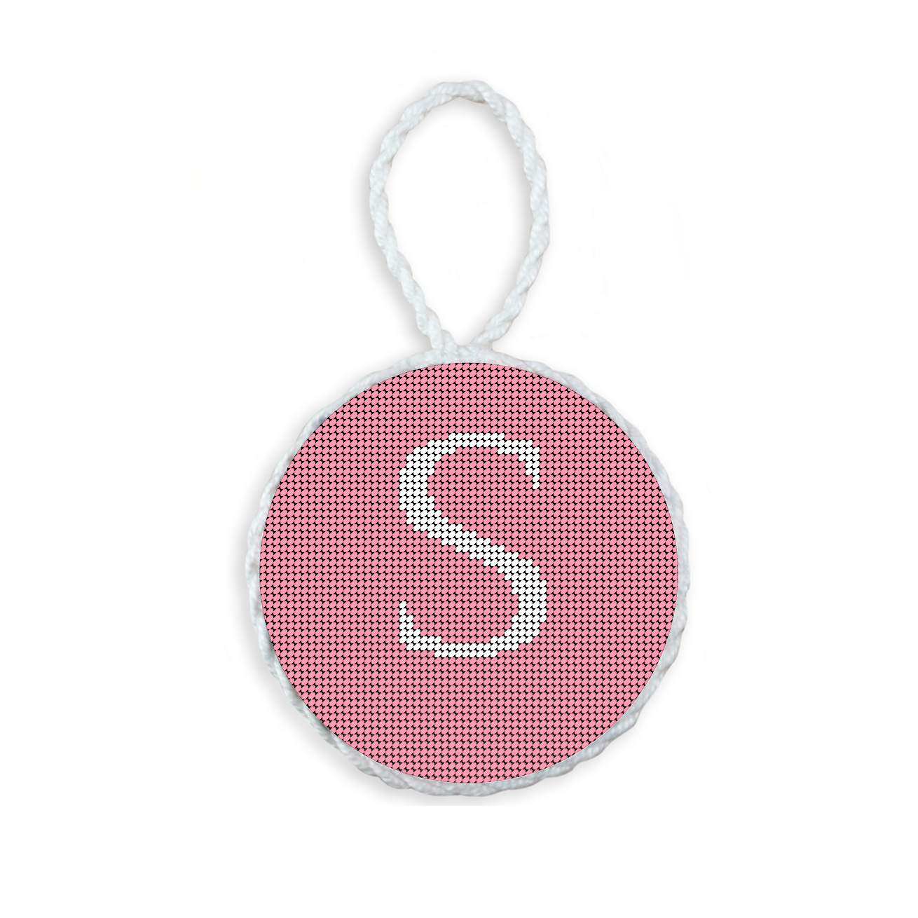 Pink needlepoint ornament featuring a white large embroidered letter above a custom date, framed with decorative stitching and finished with a festive hanging loop.