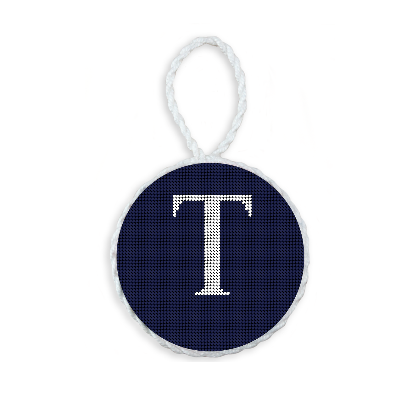 Dark Navy needlepoint ornament featuring a white large embroidered letter above a custom date, framed with decorative stitching and finished with a festive hanging loop.