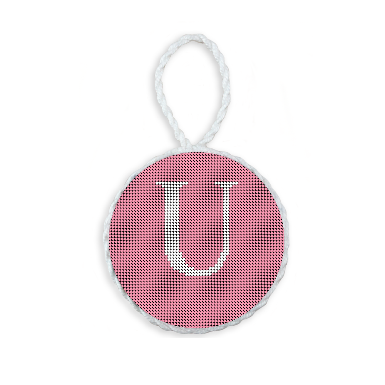 Pink needlepoint ornament featuring a white large embroidered letter above a custom date, framed with decorative stitching and finished with a festive hanging loop.