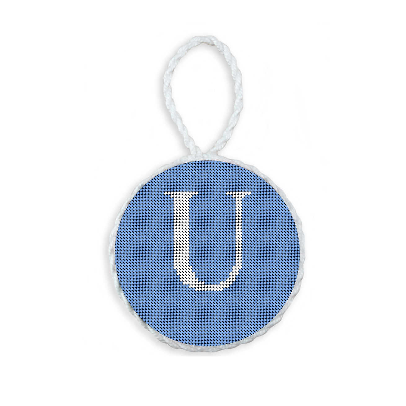 Baby Blue needlepoint ornament featuring a white large embroidered letter above a custom date, framed with decorative stitching and finished with a festive hanging loop.