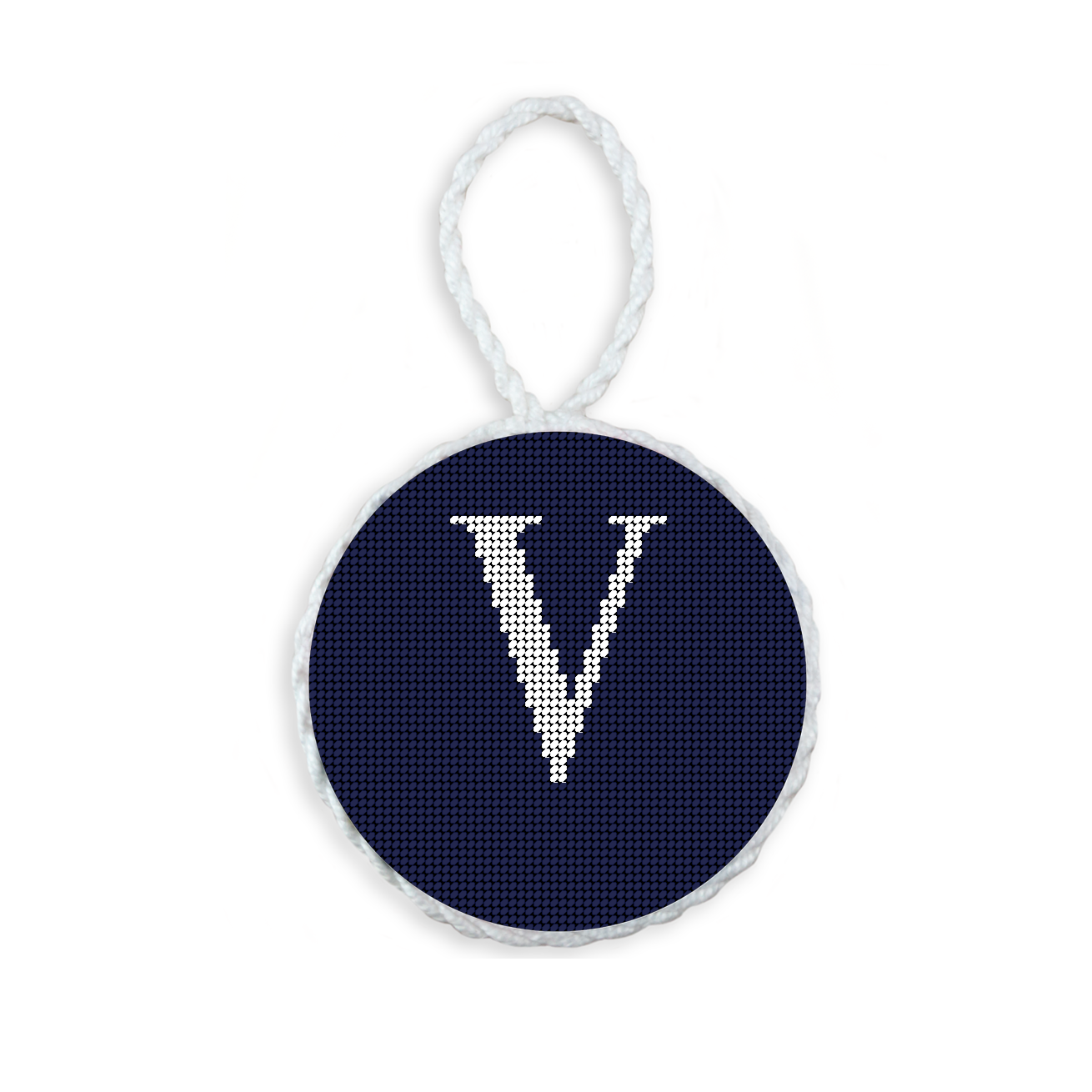 Dark Navy needlepoint ornament featuring a white large embroidered letter above a custom date, framed with decorative stitching and finished with a festive hanging loop.