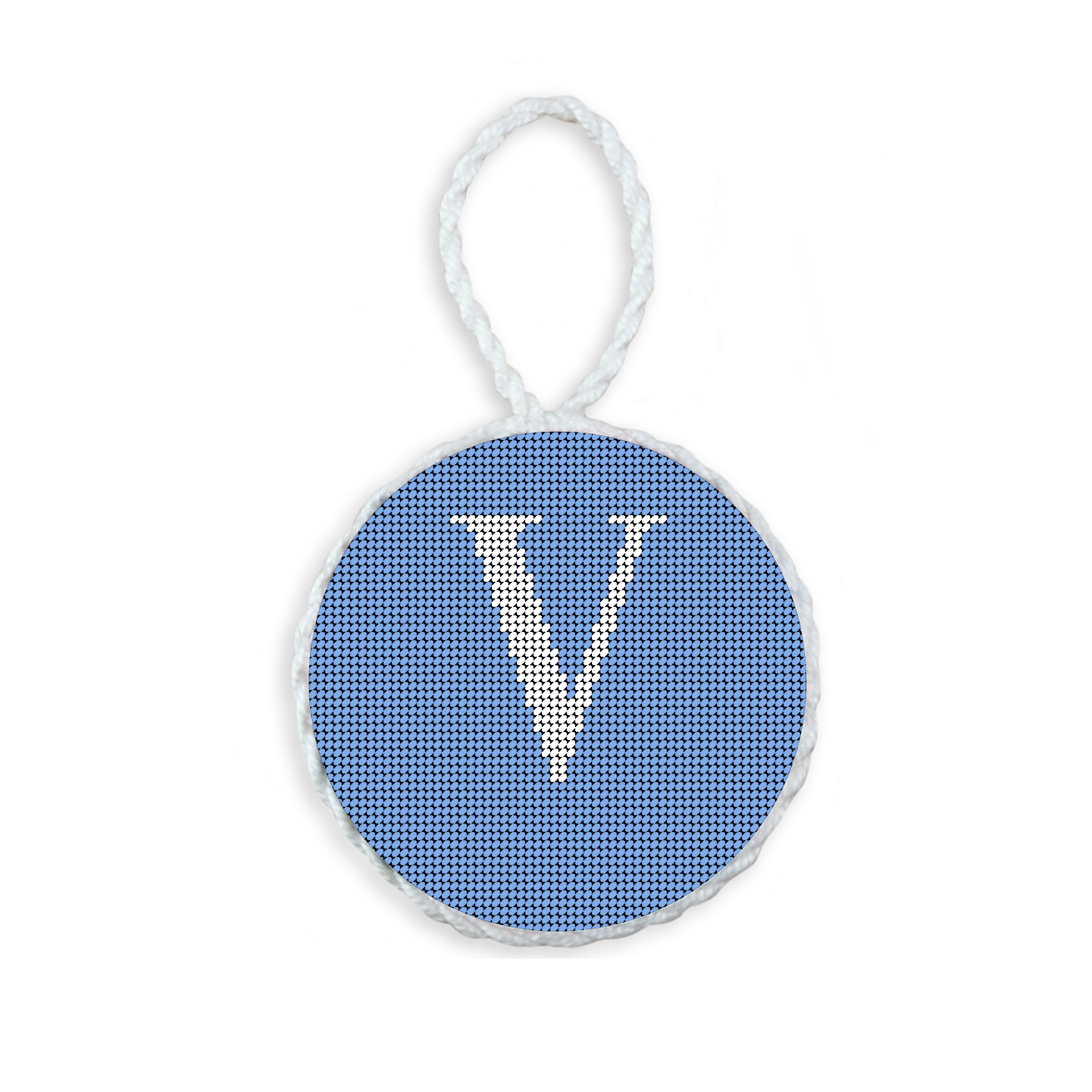 Baby Blue needlepoint ornament featuring a white large embroidered letter above a custom date, framed with decorative stitching and finished with a festive hanging loop.