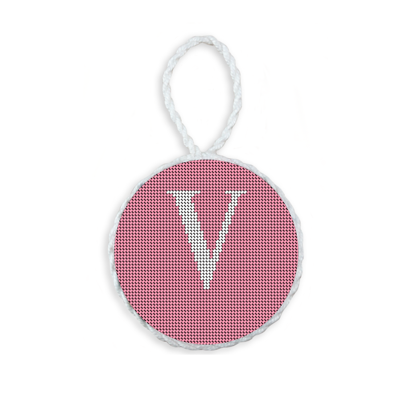 Pink needlepoint ornament featuring a white large embroidered letter above a custom date, framed with decorative stitching and finished with a festive hanging loop.
