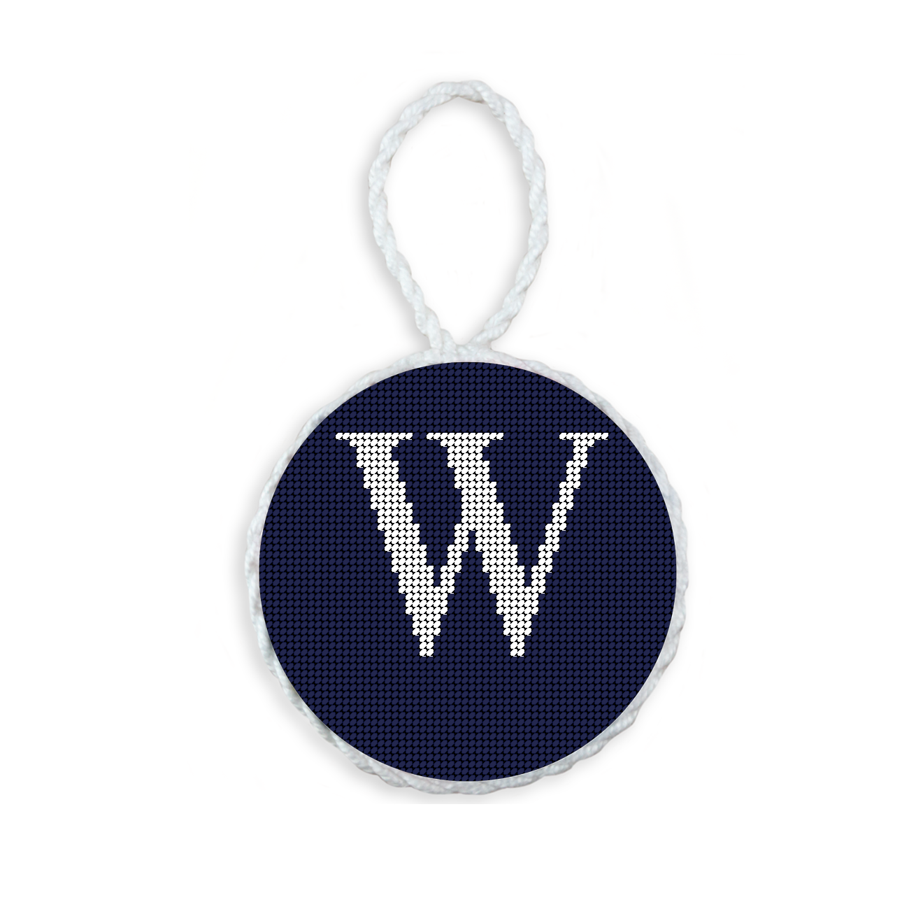 Dark Navy needlepoint ornament featuring a white large embroidered letter above a custom date, framed with decorative stitching and finished with a festive hanging loop.