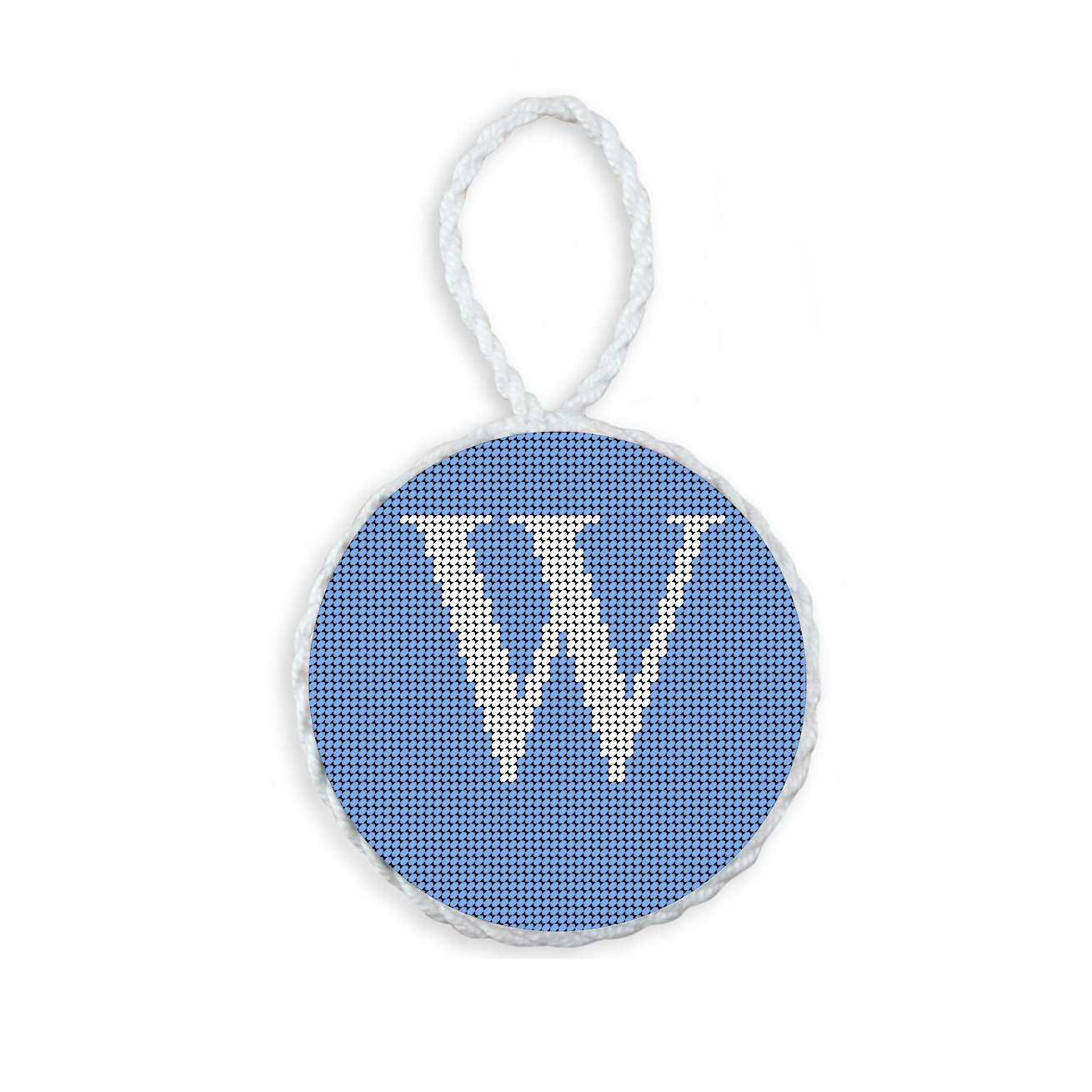 Baby Blue needlepoint ornament featuring a white large embroidered letter above a custom date, framed with decorative stitching and finished with a festive hanging loop.