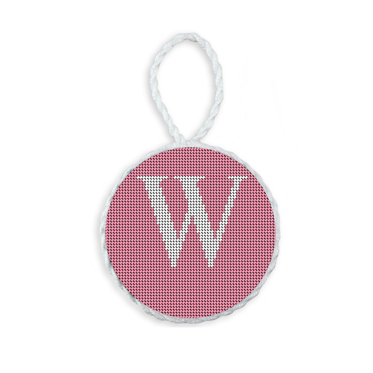 Pink needlepoint ornament featuring a white large embroidered letter above a custom date, framed with decorative stitching and finished with a festive hanging loop.