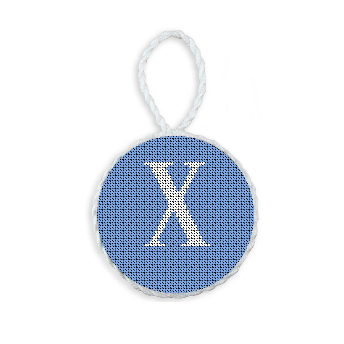 Baby Blue needlepoint ornament featuring a white large embroidered letter above a custom date, framed with decorative stitching and finished with a festive hanging loop.