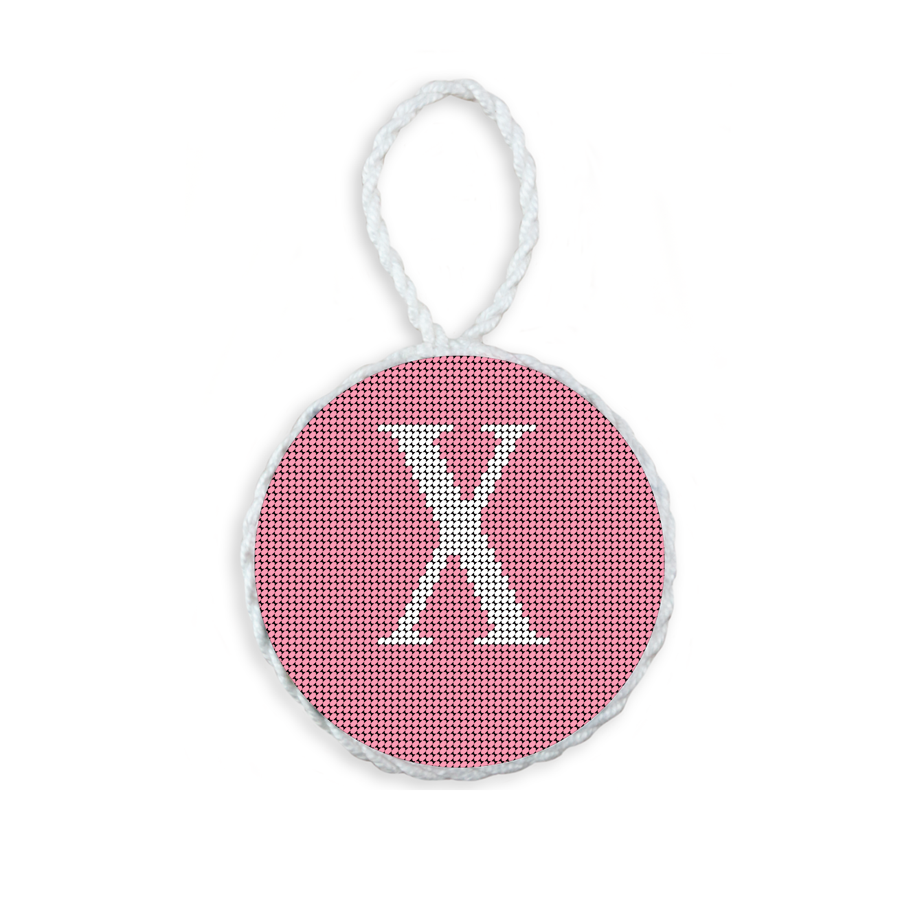 Pink needlepoint ornament featuring a white large embroidered letter above a custom date, framed with decorative stitching and finished with a festive hanging loop.