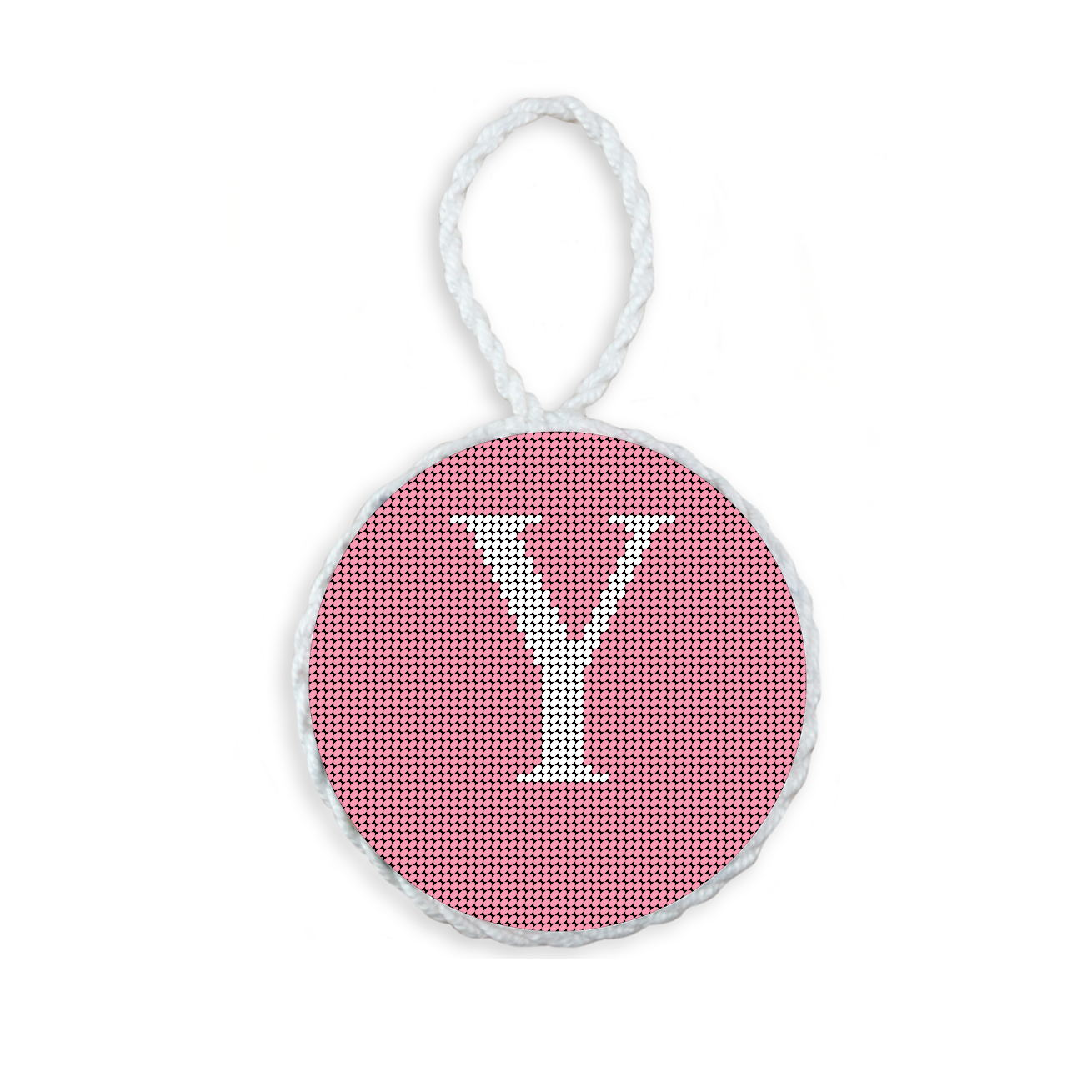 Pink needlepoint ornament featuring a white large embroidered letter above a custom date, framed with decorative stitching and finished with a festive hanging loop.