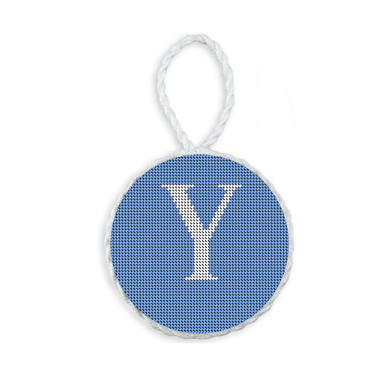 Baby Blue needlepoint ornament featuring a white large embroidered letter above a custom date, framed with decorative stitching and finished with a festive hanging loop.
