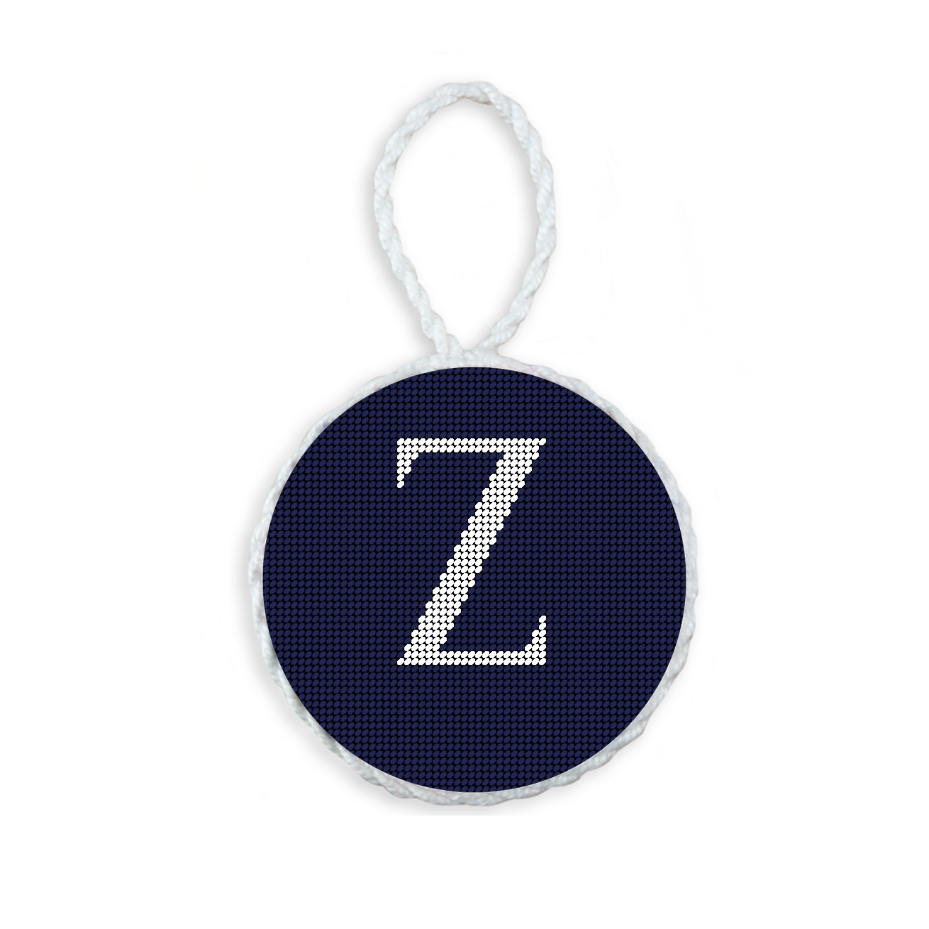 Dark Navy needlepoint ornament featuring a white large embroidered letter above a custom date, framed with decorative stitching and finished with a festive hanging loop.