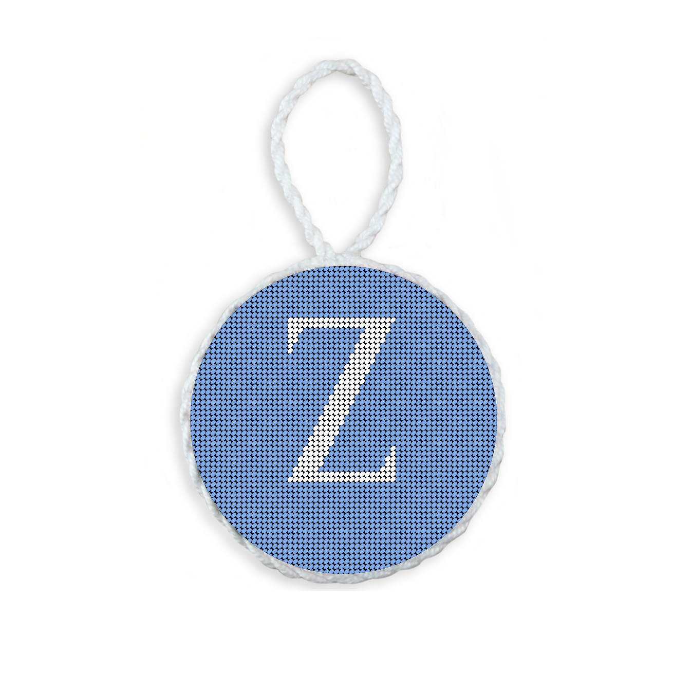 Baby Blue needlepoint ornament featuring a white large embroidered letter above a custom date, framed with decorative stitching and finished with a festive hanging loop.