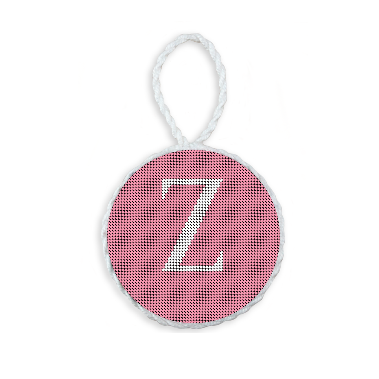 Pink needlepoint ornament featuring a white large embroidered letter above a custom date, framed with decorative stitching and finished with a festive hanging loop.