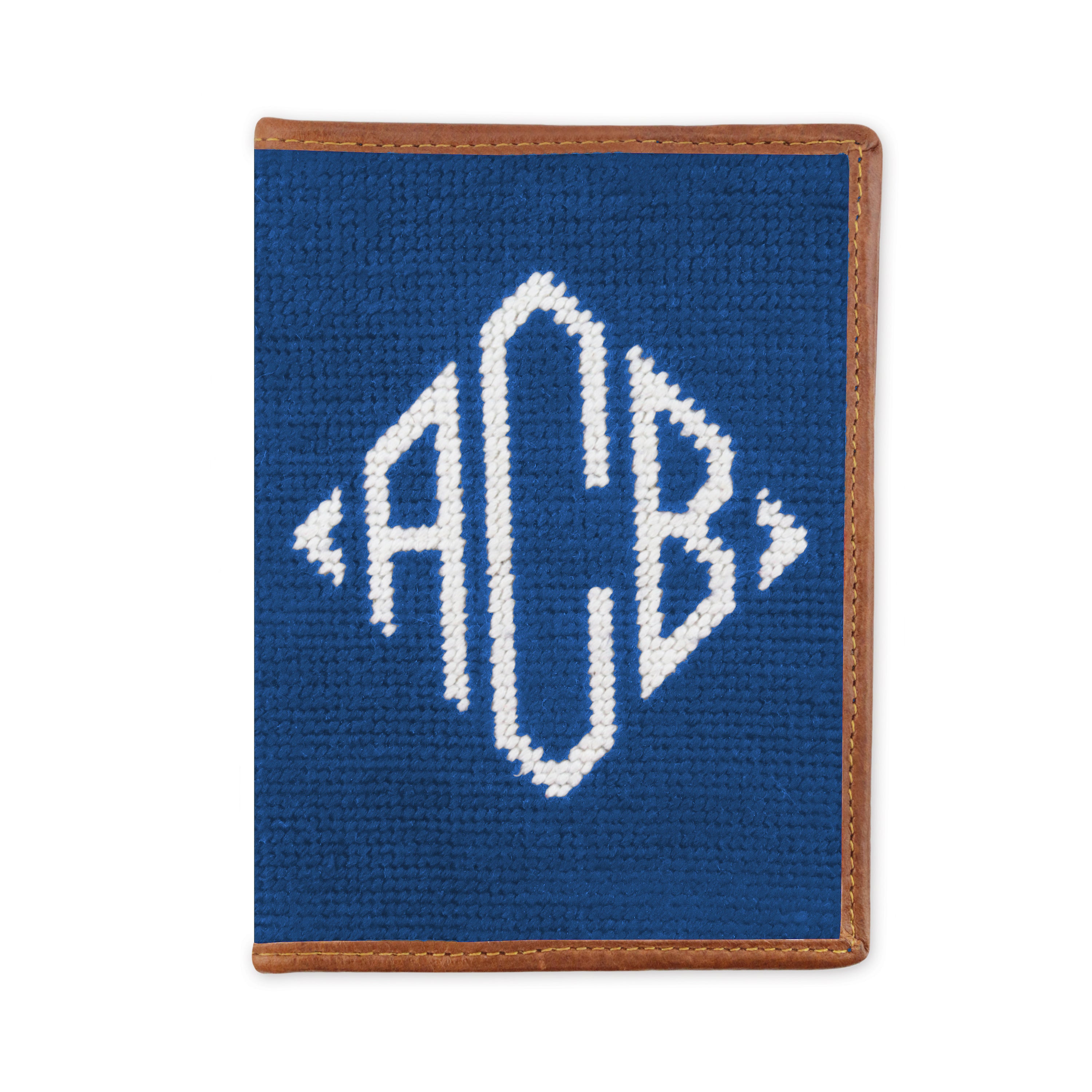 Blueberry monogram needlepoint passport case with diamond pattern and full leather construction
