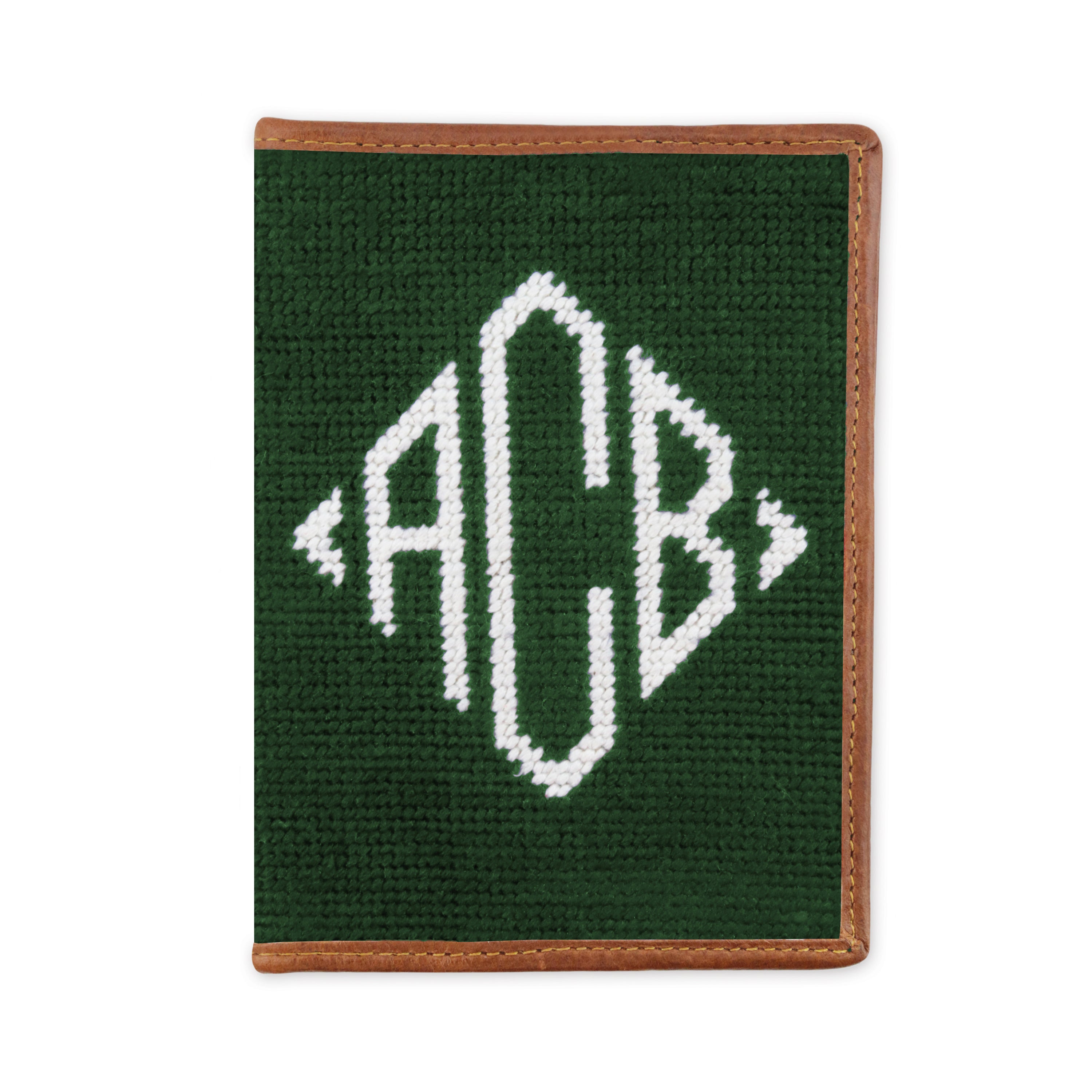 Hunter green monogram needlepoint passport case with diamond pattern and full leather construction