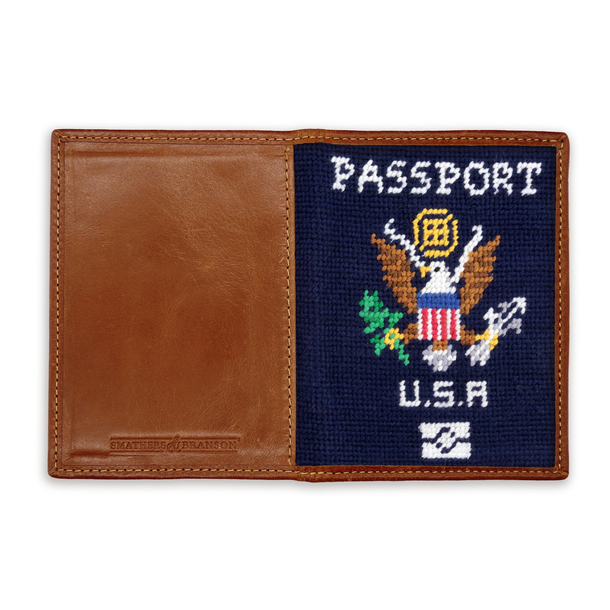 Alternate view of the dark navy passport case showing needlepoint detail and leather finish
