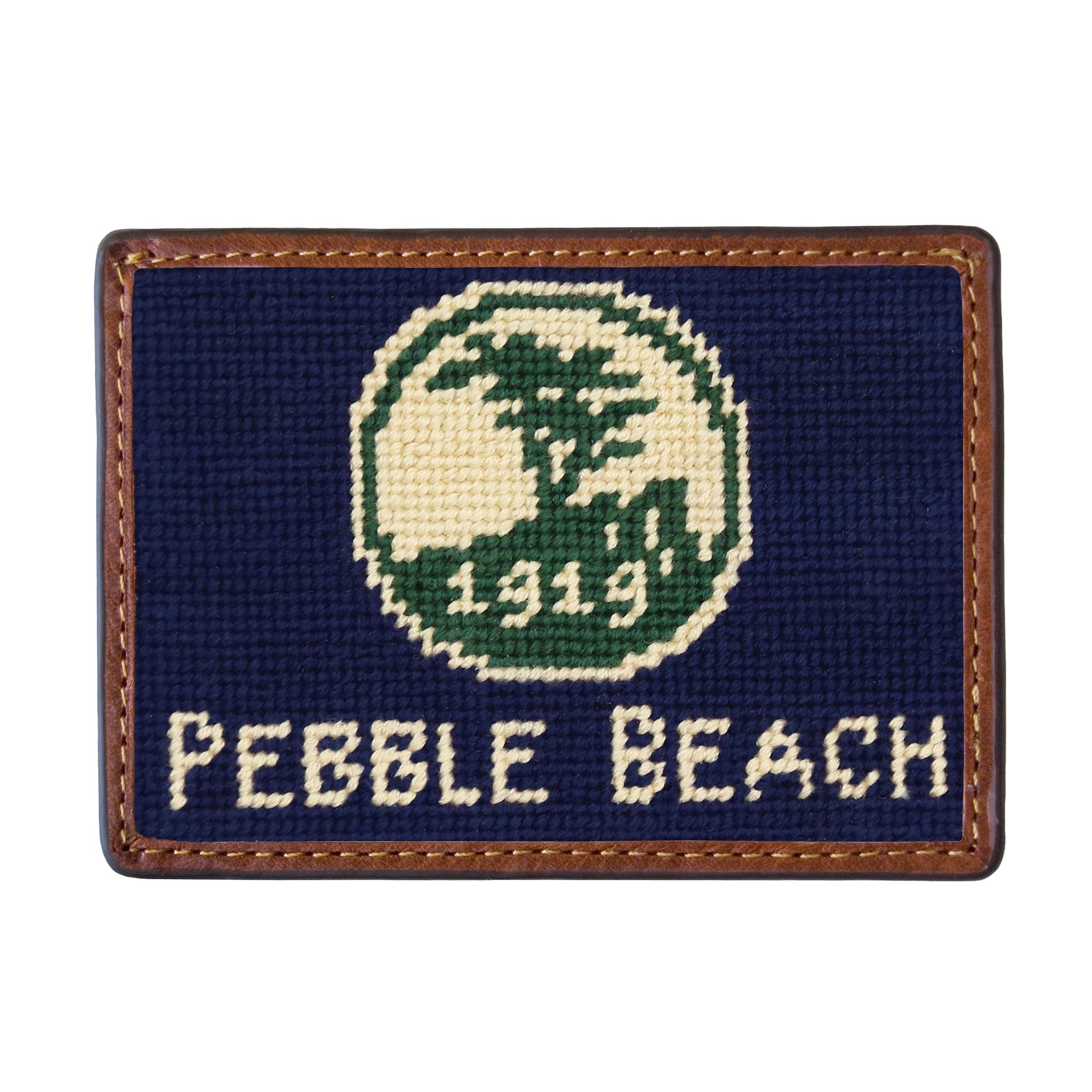 Pebble Beach logo text dark navy needlepoint card wallet with Italian leather trim.