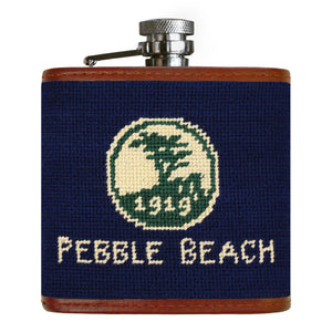 Pebble Beach flask with needlepoint design on a white background