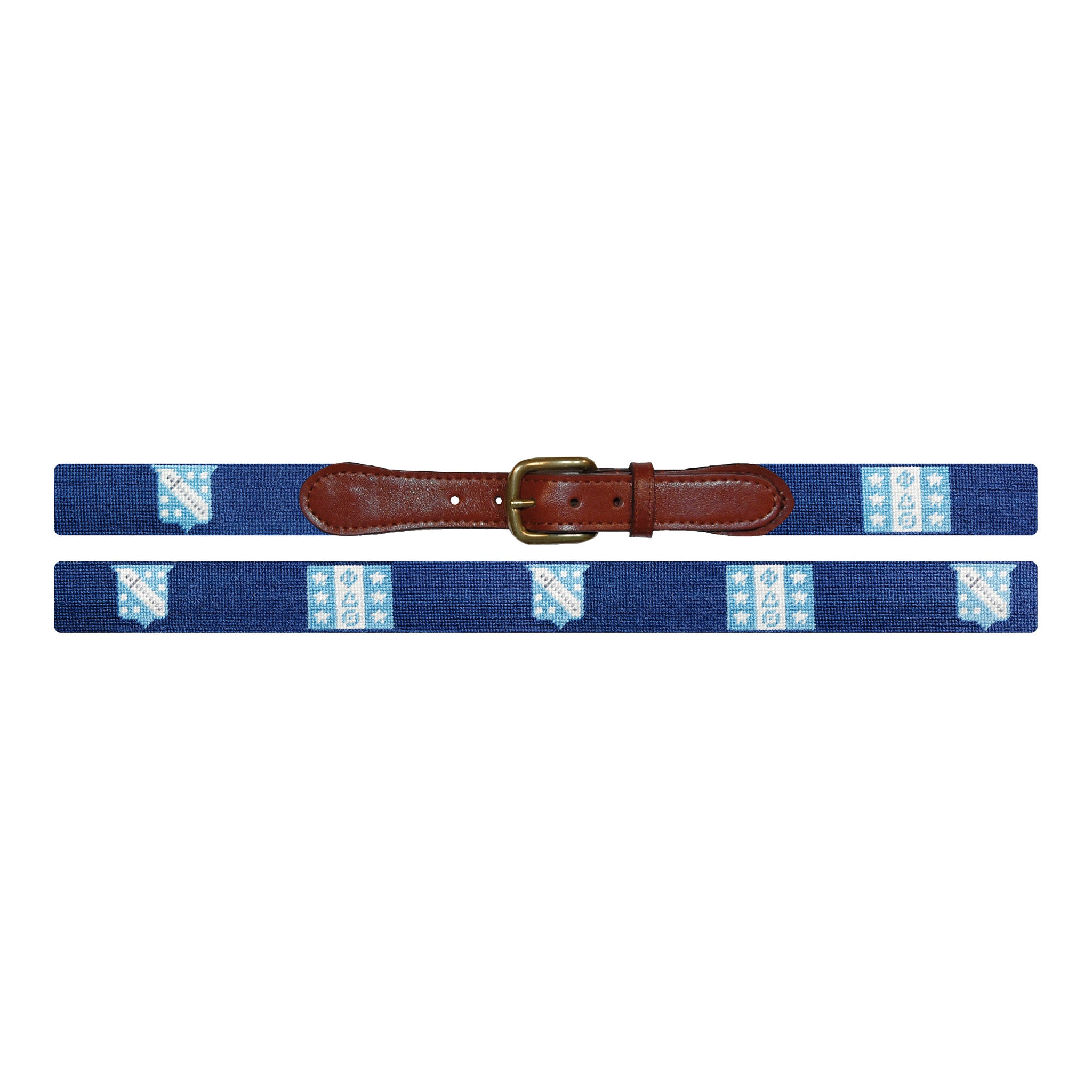 Flat view of Needlepoint Phi Delta Theta Belt with brown leather trim and a brass buckle