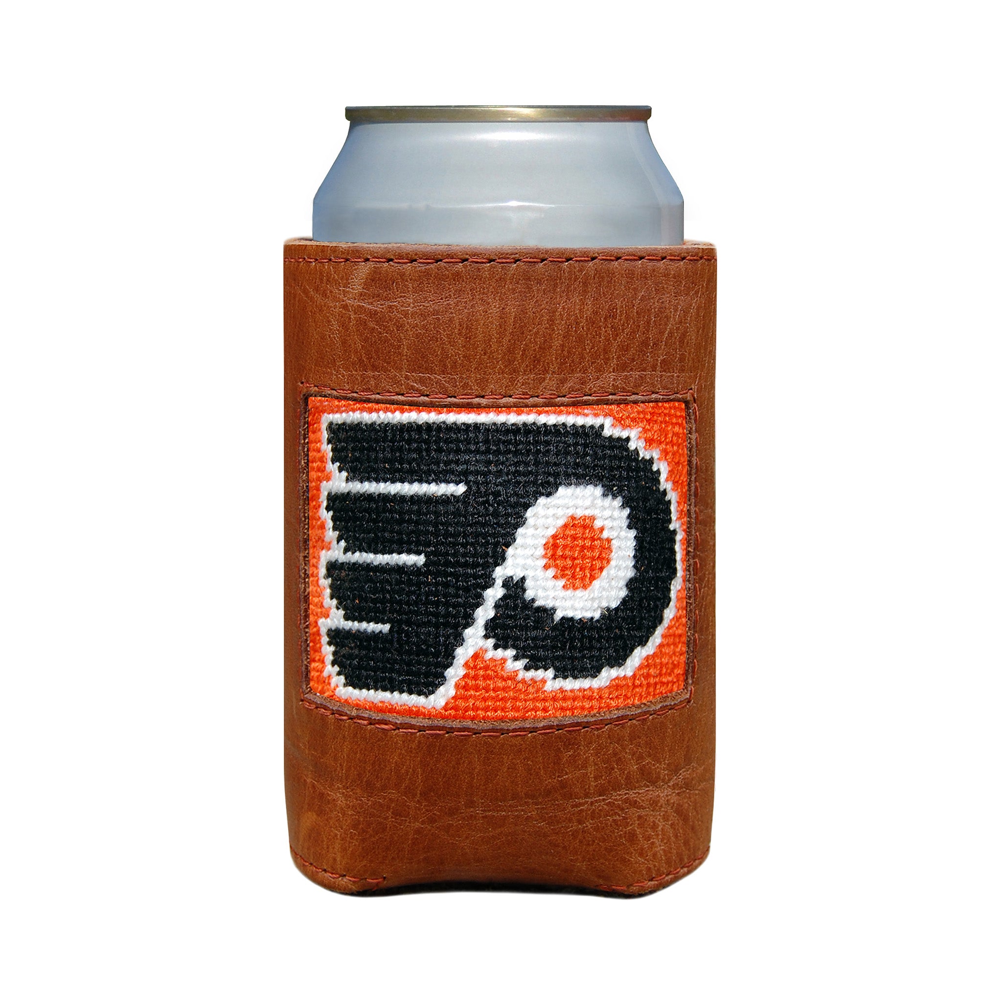 Orange can cooler displaying the black and white Philadelphia Flyers hockey logo.