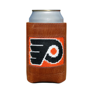 Orange can cooler displaying the black and white Philadelphia Flyers hockey logo.