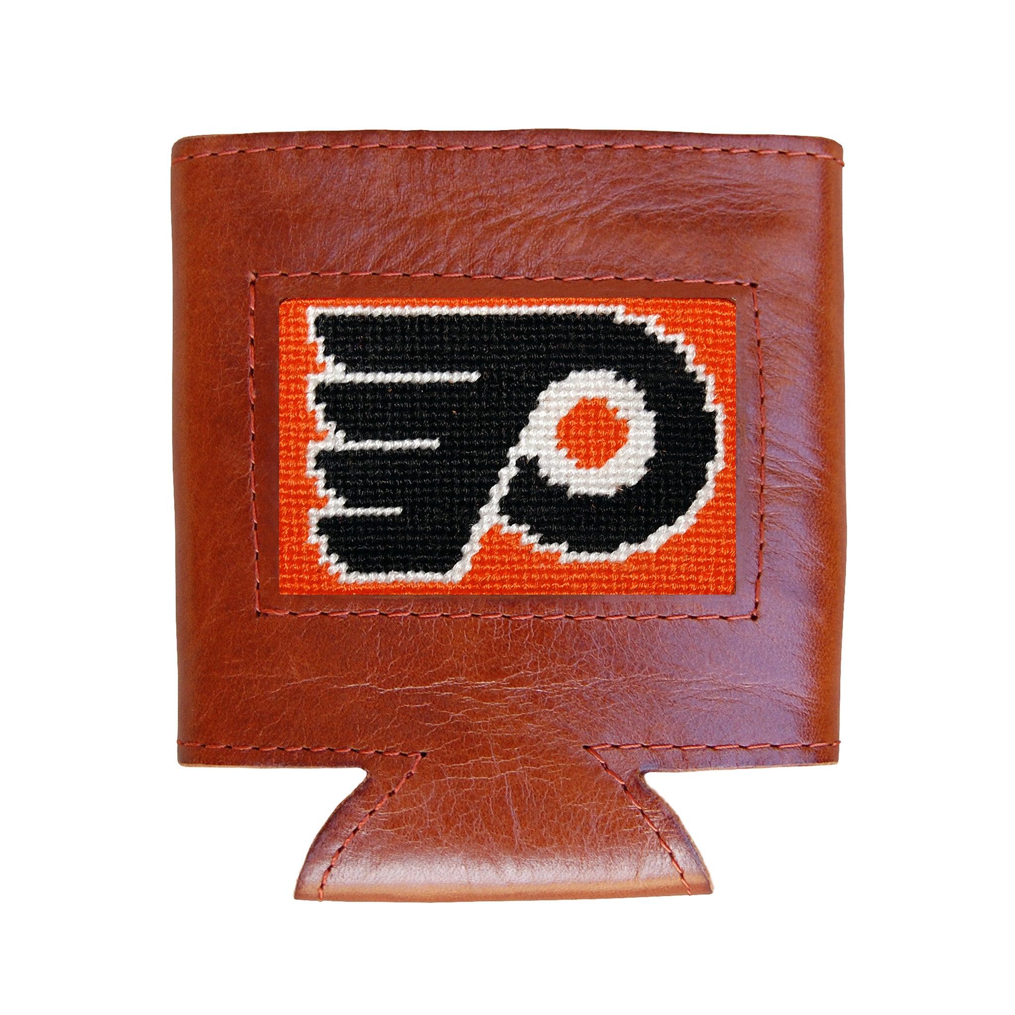 Orange can cooler showing the black and white Philadelphia Flyers logo from a secondary angle.