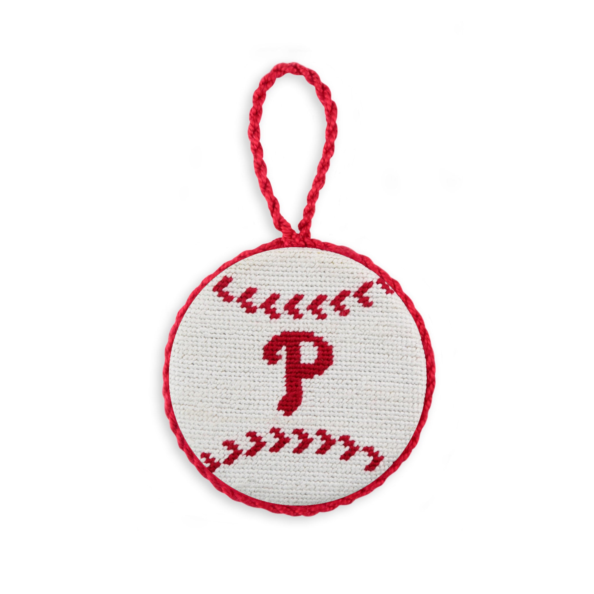 Red needlepoint ornament featuring the white Philadelphia Phillies “P” logo, finished with a white hanging cord.