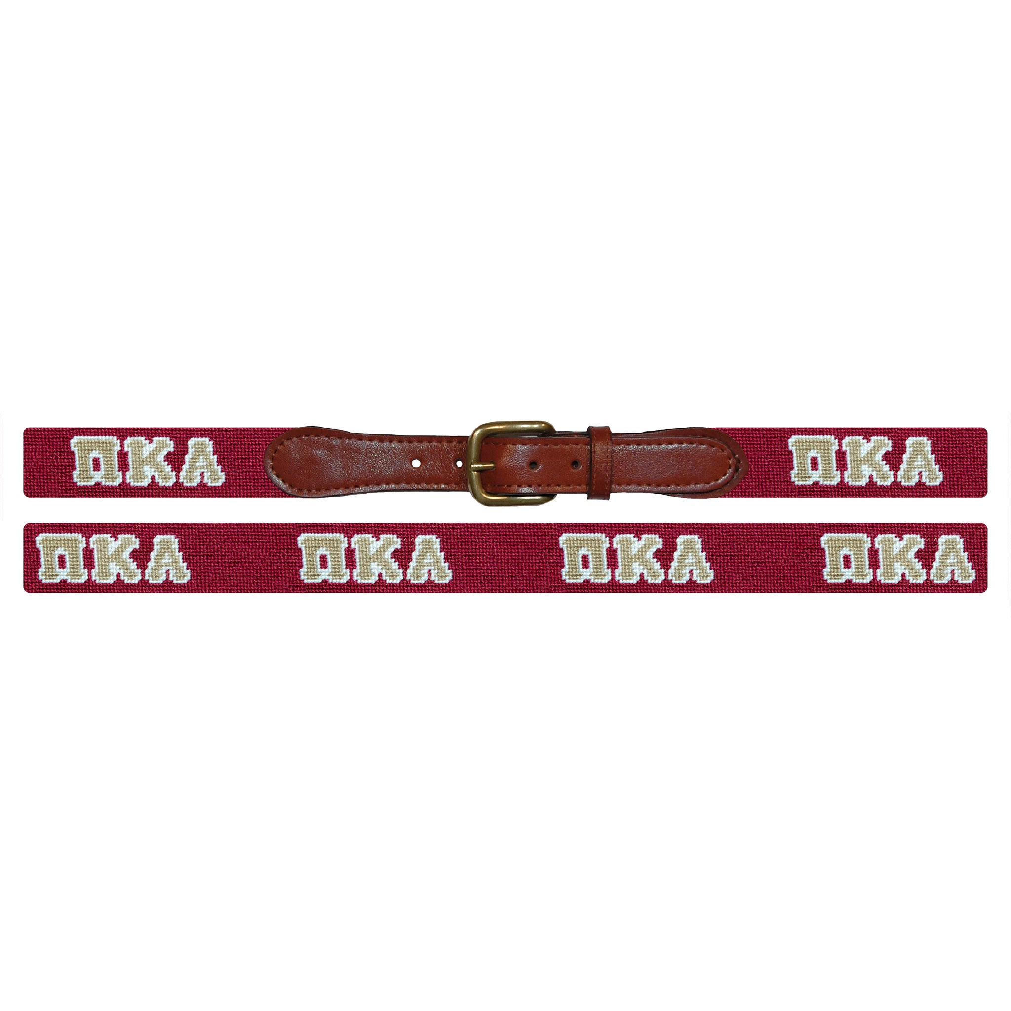 Flat view of Needlepoint Pi Kappa Alpha Belt with brown leather trim and a brass buckle
