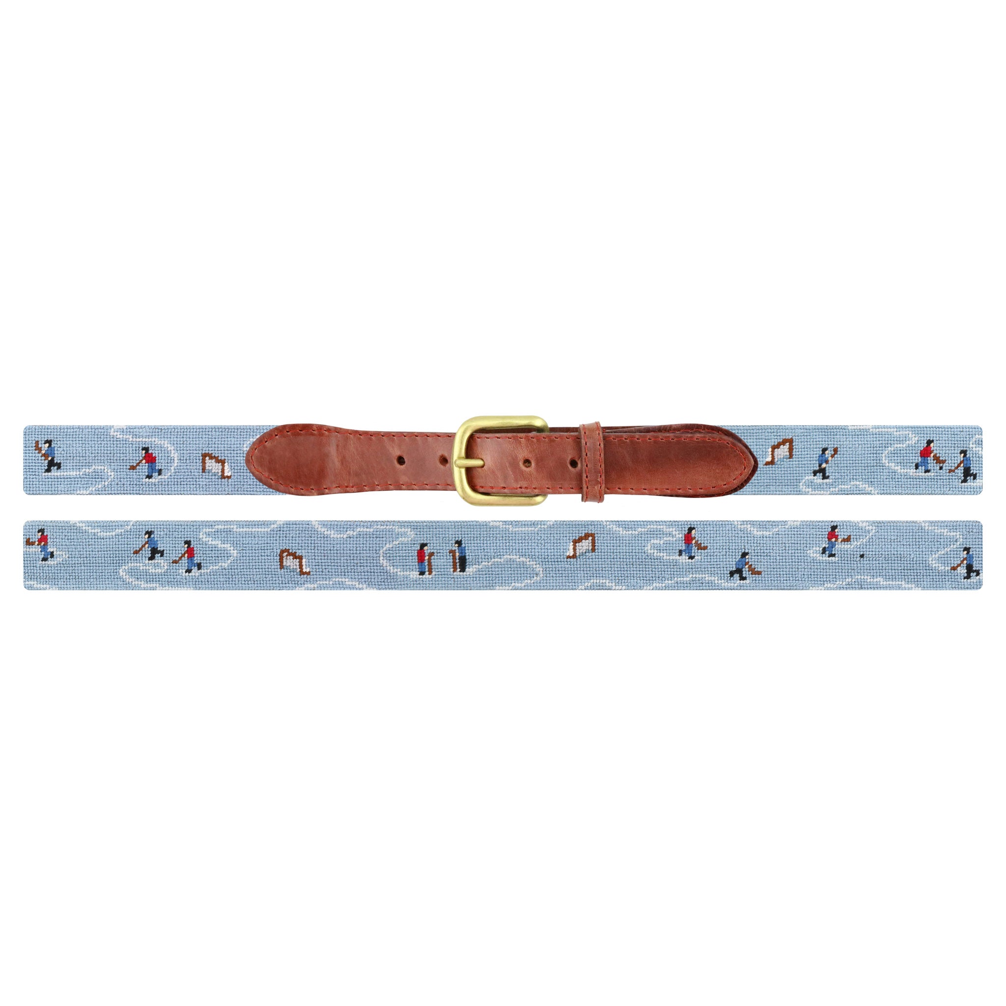 Flat view of Needlepoint Pond Hockey Belt with brown leather trim and a brass buckle
