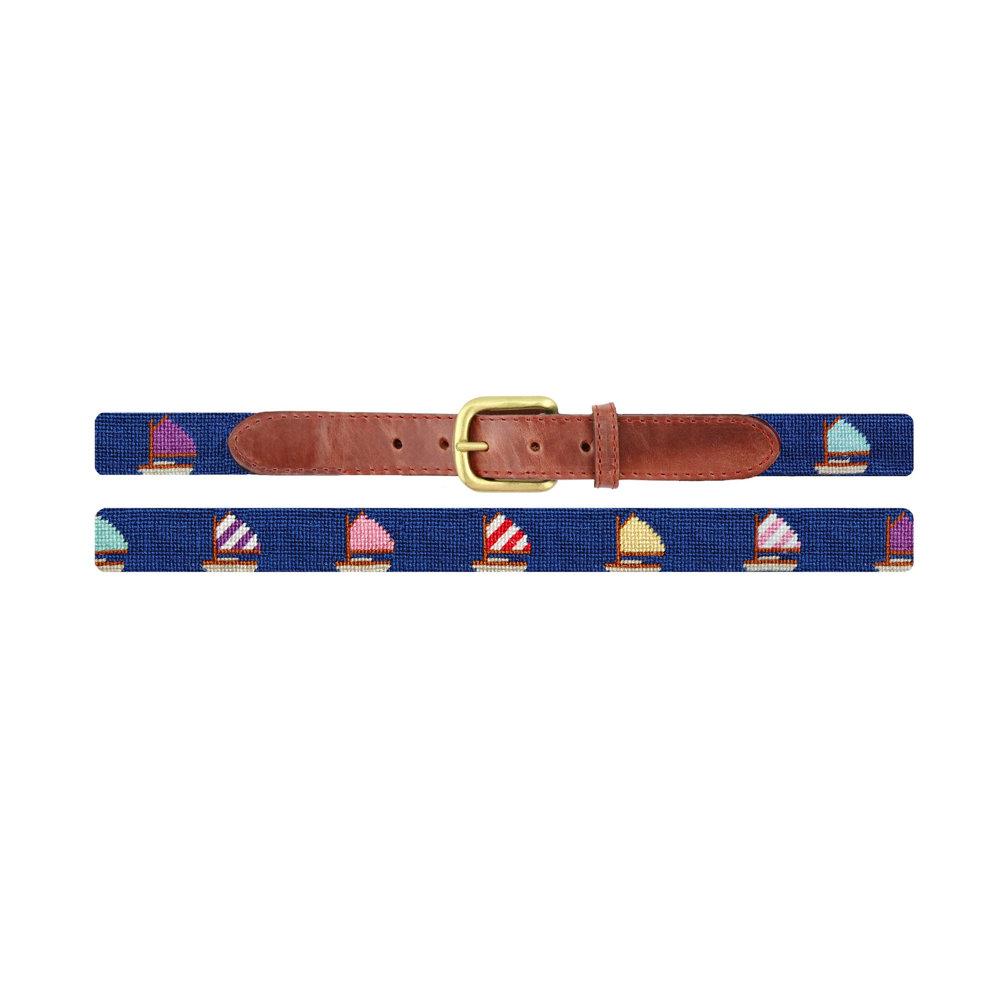 Flat view of Needlepoint Rainbow Fleet Children's Belt Classic Navy with brown leather trim and a brass buckle