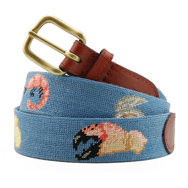 Shrimp patterned belt with brown leather buckle on a white background