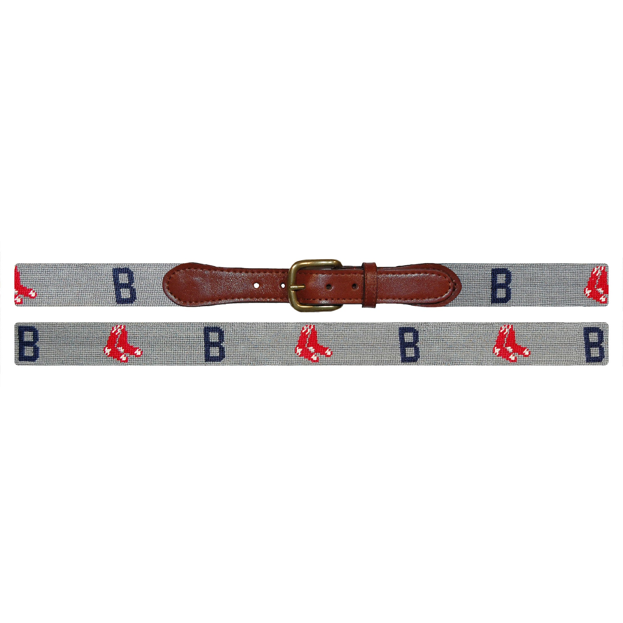 Flat view of Needlepoint Boston Red Sox Cooperstown Belt Grey with brown leather trim and a brass buckle