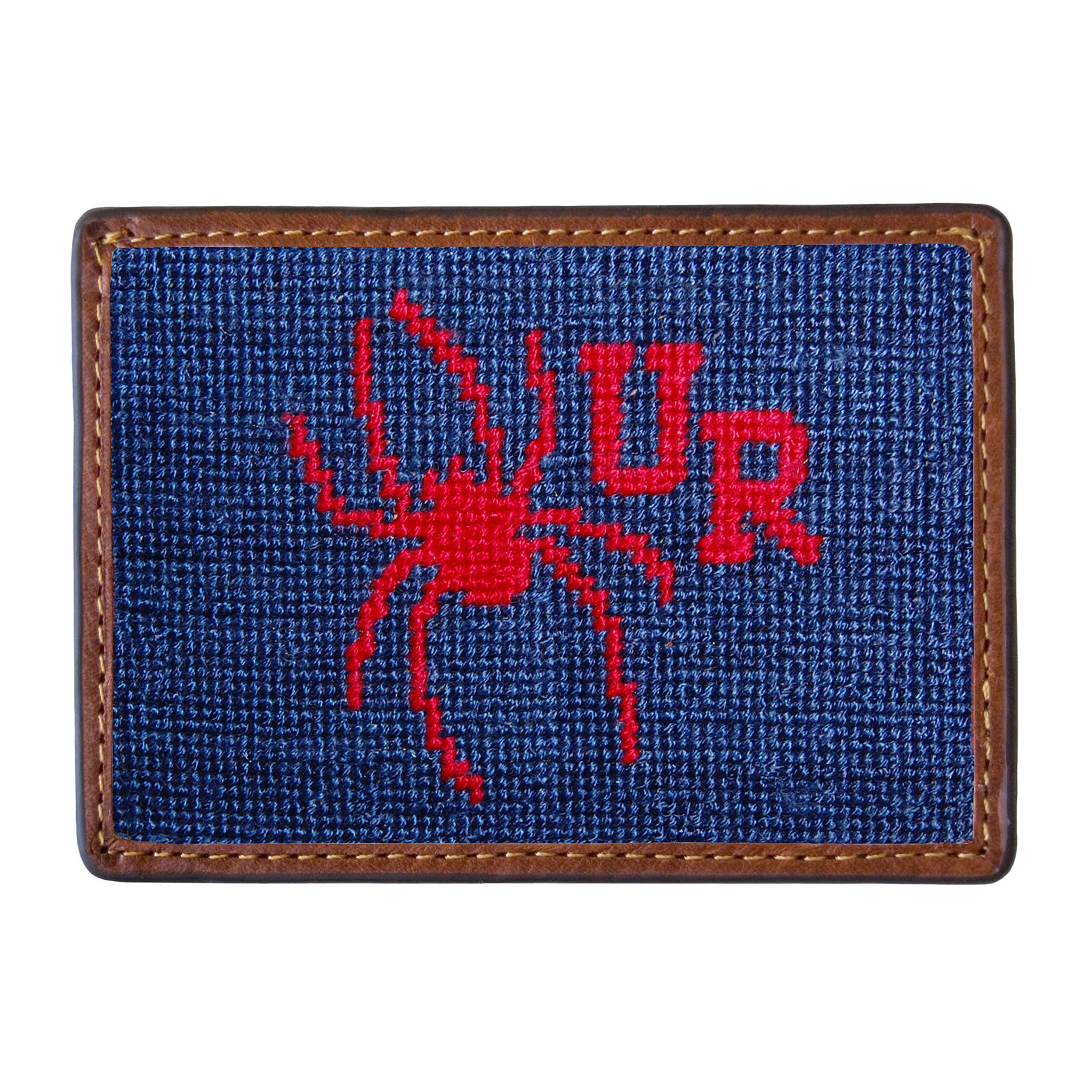 Richmond needlepoint card wallet in navy blue with Italian leather trim.